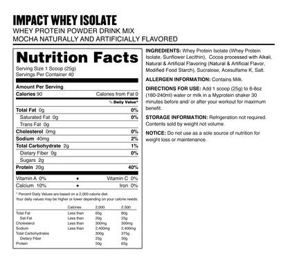 Myprotein Impact Whey Isolate - Mocha, 2.2 Lbs (40 Servings) MyproteinUS supplements