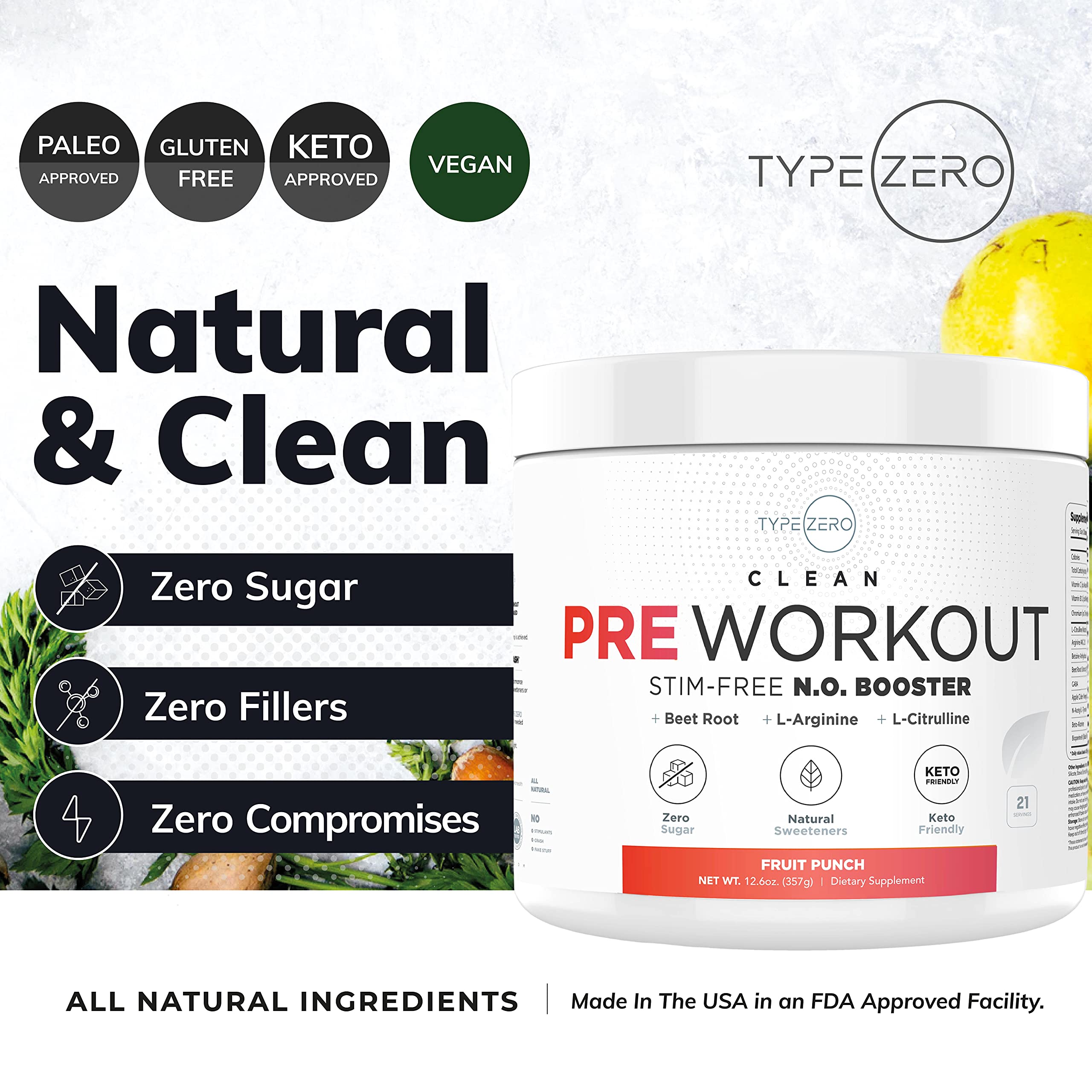 Ultra Clean Stim Free Pump Pre Workout + Nitric Oxide Booster (Fruit Punch) Beetroot, 7G Arginine Citrulline Malate, Betaine, Beta A, ACV+ - Sugar/Caffeine Free Natural Non Stim Preworkout Men & Women Type ZeroUS supplements