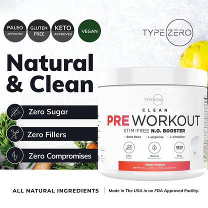 Ultra Clean Stim Free Pump Pre Workout + Nitric Oxide Booster (Fruit Punch) Beetroot, 7G Arginine Citrulline Malate, Betaine, Beta A, ACV+ - Sugar/Caffeine Free Natural Non Stim Preworkout Men & Women Type ZeroUS supplements