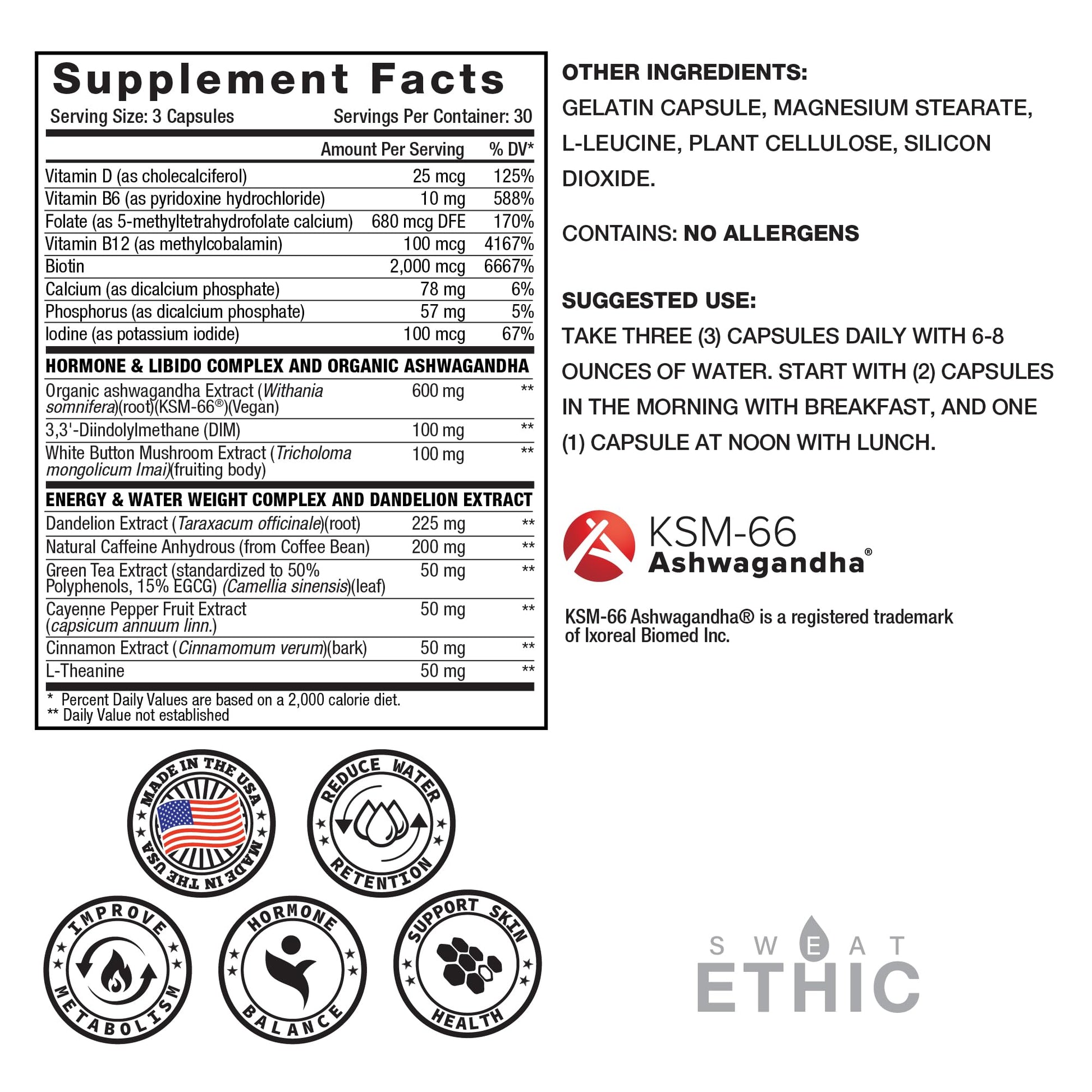 Sweat Ethic Victress, Hormone Balance Support for Women with KSM-66 Ashwagandha, DIM, Biotin, Folic Acid, Dandelion Root, Cayenne Pepper & Vitamin D3, Daily Wellness Formula, 90 Easy to Take Capsules Sweat EthicAu supplements