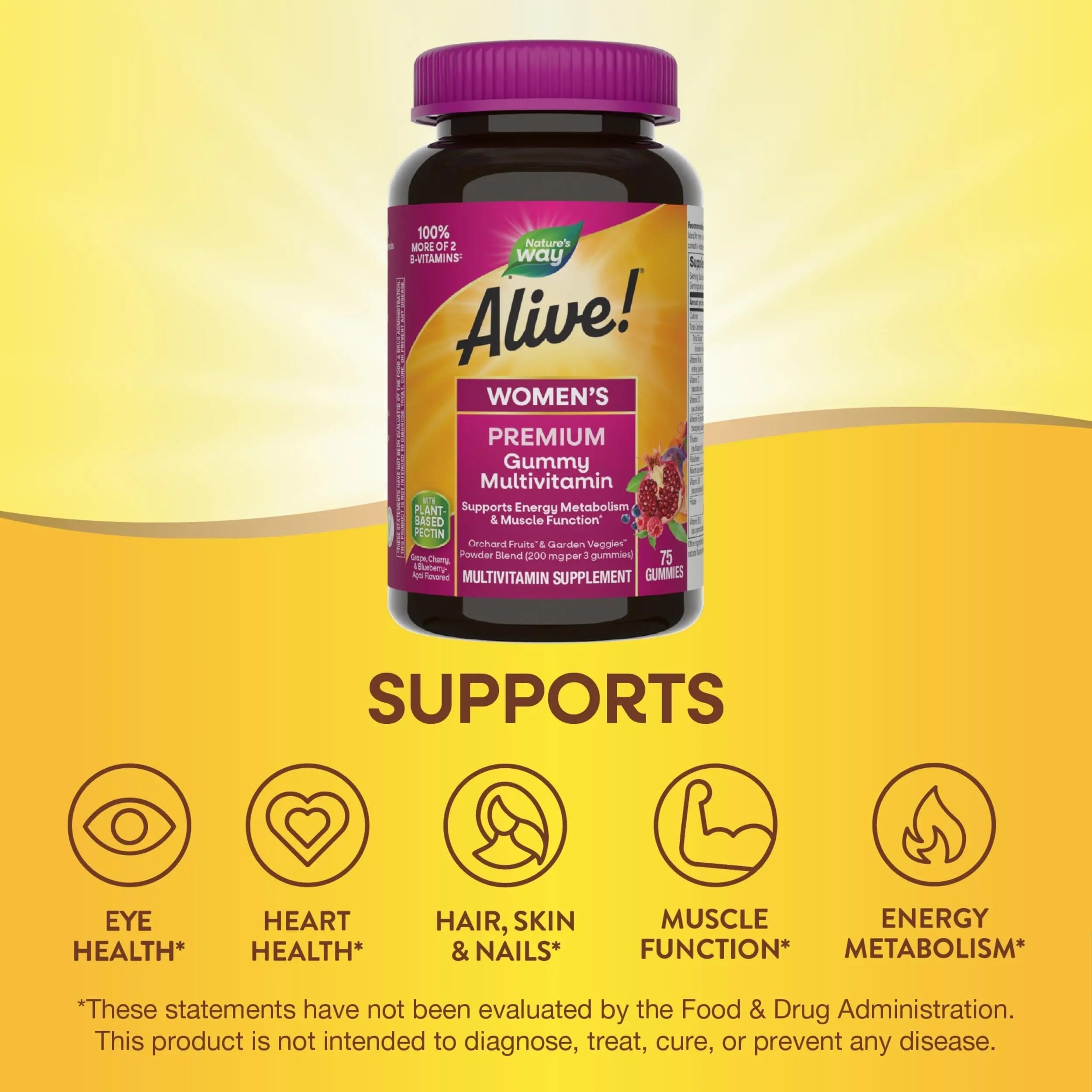 Nature’s Way Alive! Premium Women’s Gummy Multivitamin, Supports Energy Metabolism, Muscle Function*, B-Vitamins, Grape, Cherry, & Blueberry-Acai Flavored, 75 Gummies Nature's WayAu supplements