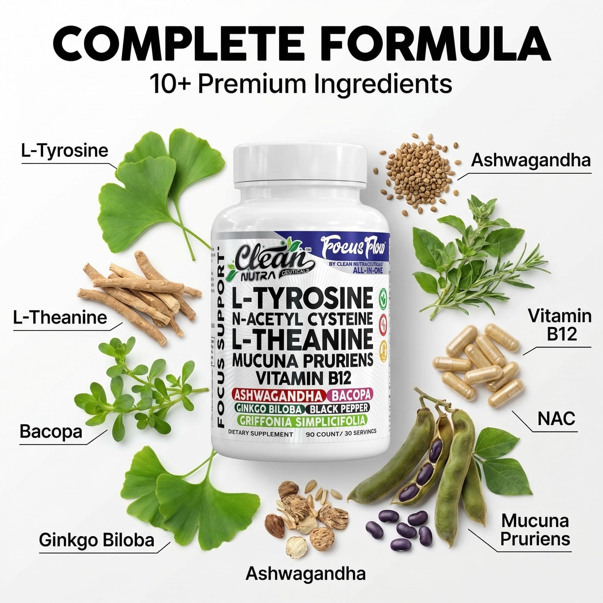 Focus Flow L-Tyrosine Vitamin B C D L-Theanine Ashwagandha Ginkgo Biloba Vitamin B12 Thiamine Black Pepper N-Acetylcysteine Mucuna Pruriens 90 Count Capsules by Clean Nutra Clean NutraceuticalsAu supplements