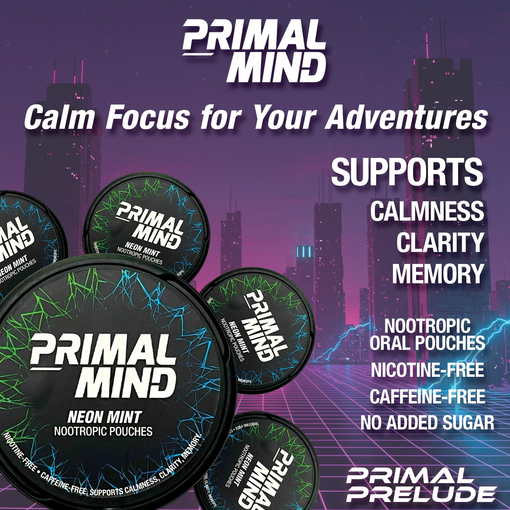Nootropic Pouches - Primal Mind Caffeine Free Nootropics Pouches Made with Ginkgo Biloba & L-Theanine - Nicotine Free Brain Boost, No Sugar, Cognitive Support – 20 Pouches Per Can, 5 Pack (Neon Mint) Primal PreludeAu supplements