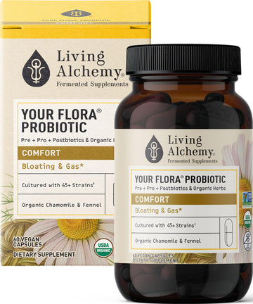 Your Flora Probiotic Comfort – Non-GMO Probiotics with Fermented Soybean, Chamomile, Fennel, Prebiotics, Digestive Enzymes for Digestion & Bloating – Prebiotics, Postbiotics – Living Alchemy, 60 Pcs Living AlchemyAu supplements