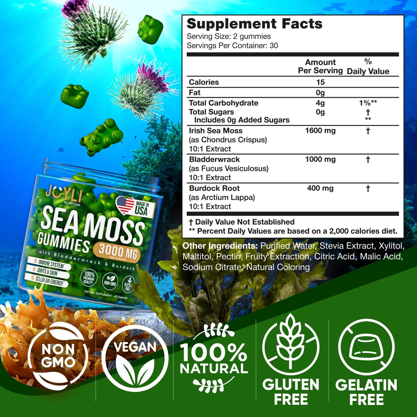 Sea Moss Gummies - Irish Seamoss Gummies for Adults & Kids - Advanced Superfood Supplement with Natural Sea Moss Gel, Bladderwrack & Burdock Root Extract - 60 Vegan Irish Moss Gummy Bears JOYLI NutritionUS supplements