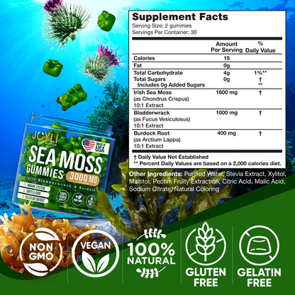 Sea Moss Gummies - Irish Seamoss Gummies for Adults & Kids - Advanced Superfood Supplement with Natural Sea Moss Gel, Bladderwrack & Burdock Root Extract - 60 Vegan Irish Moss Gummy Bears JOYLI NutritionUS supplements