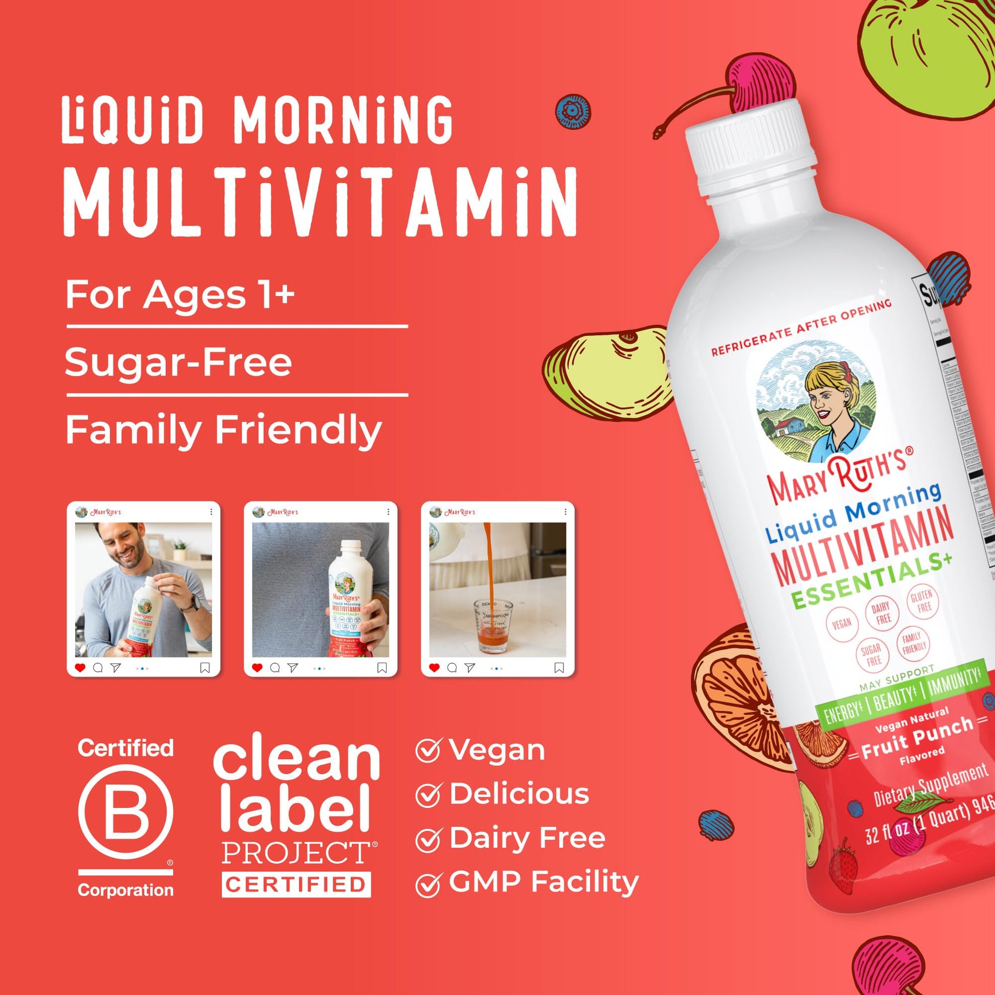 MaryRuth Organics Liquid Morning Multivitamin Essentials+ | Vitamin A C D E B6 B12 Biotin Zinc, Mens Womens Multivitamin, Immune Support, Beauty | Sugar Free | Vitamins for Ages 1+ | Vegan | 32 Fl Oz MARYRUTH'SUS supplements