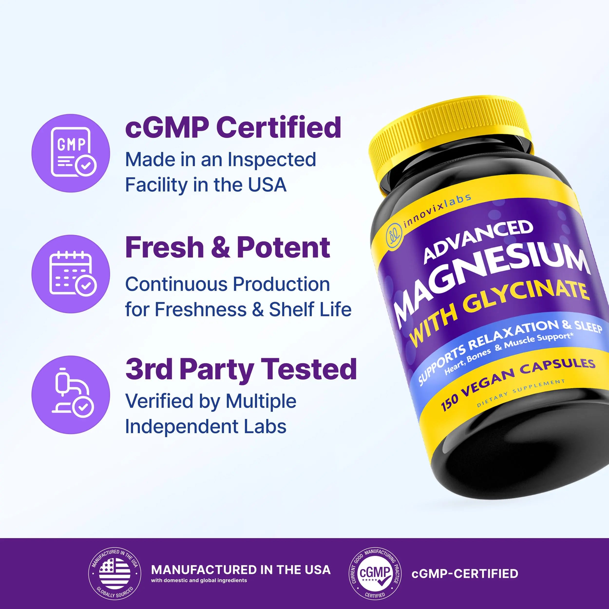 InnovixLabs Advanced Magnesium Capsules - 150 Ct, 210 mg - Chelated Glycinate and Malate - High Absorption, Promotes Relaxation, Bones, Muscle Health, Vegan Malate Sleep Supplement InnovixLabsnz supplements