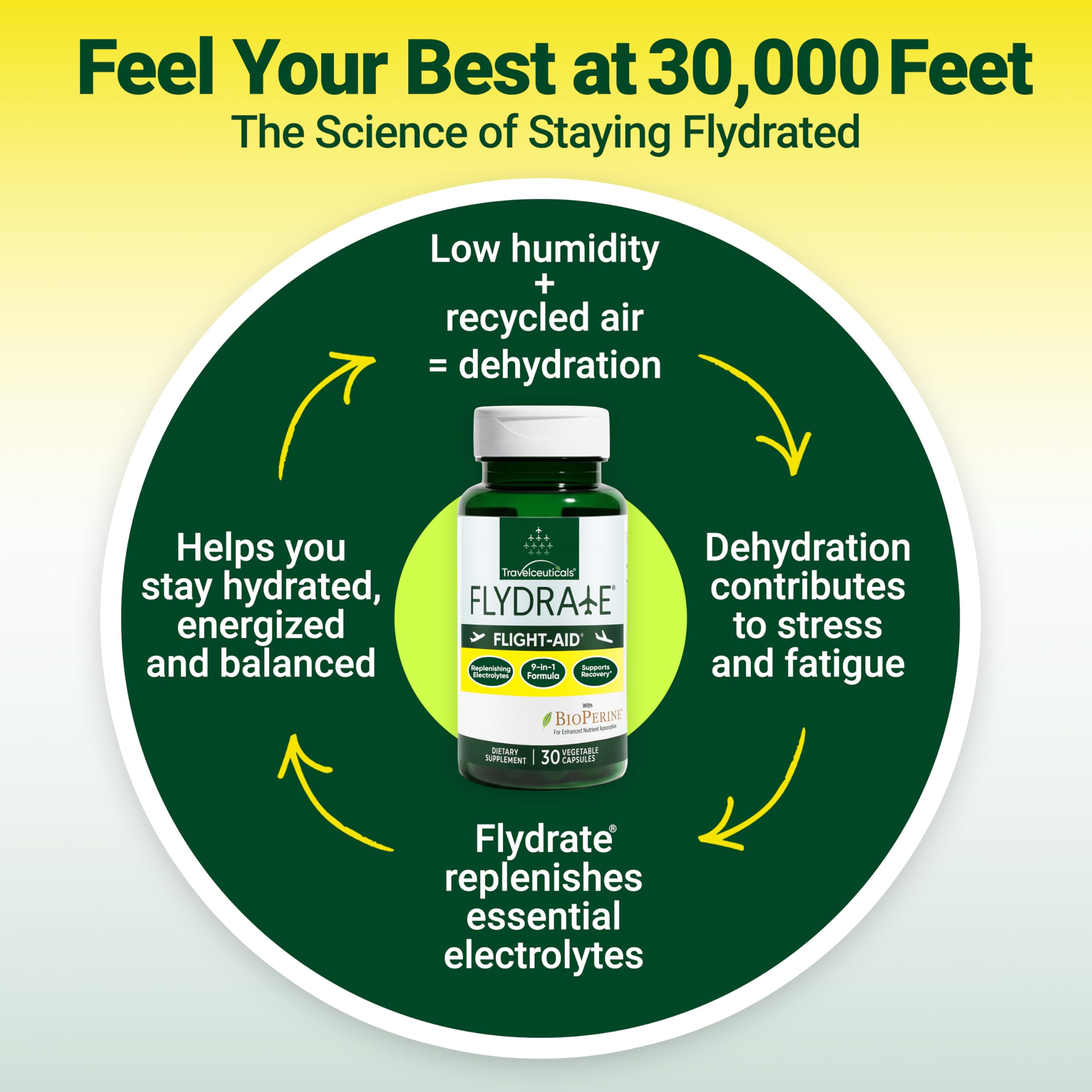 Flight-Aid | Replenishing Electrolyte Hydration Capsules Made for Travel, Jet Lag, Fatigue & Recovery | 9-in-1 Formula with Essential Electrolytes, Vitamins, Minerals & Bioperine® | 30 Capsules FlydrateAu supplements