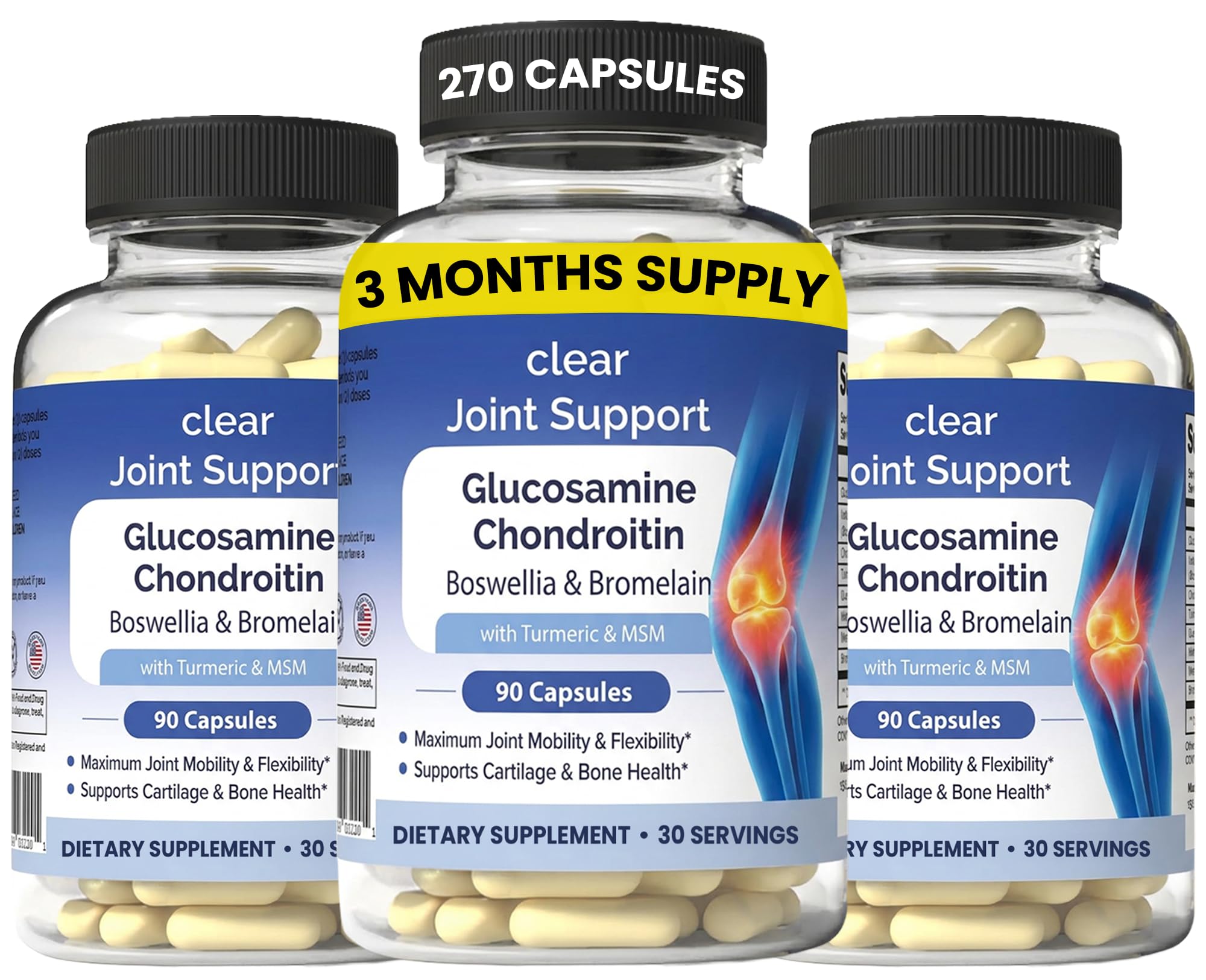 Clear Joint Support - 3-Month Supply | 3-Pack (270 Capsules) | Glucosamine Chondroitin MSM, Turmeric & Boswellia | Supports Knee, Hip & Back Health | Made in USA Clear ProbioticsAu supplements
