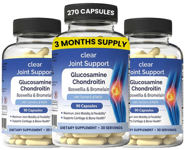 Clear Joint Support - 3-Month Supply | 3-Pack (270 Capsules) | Glucosamine Chondroitin MSM, Turmeric & Boswellia | Supports Knee, Hip & Back Health | Made in USA Clear ProbioticsAu supplements