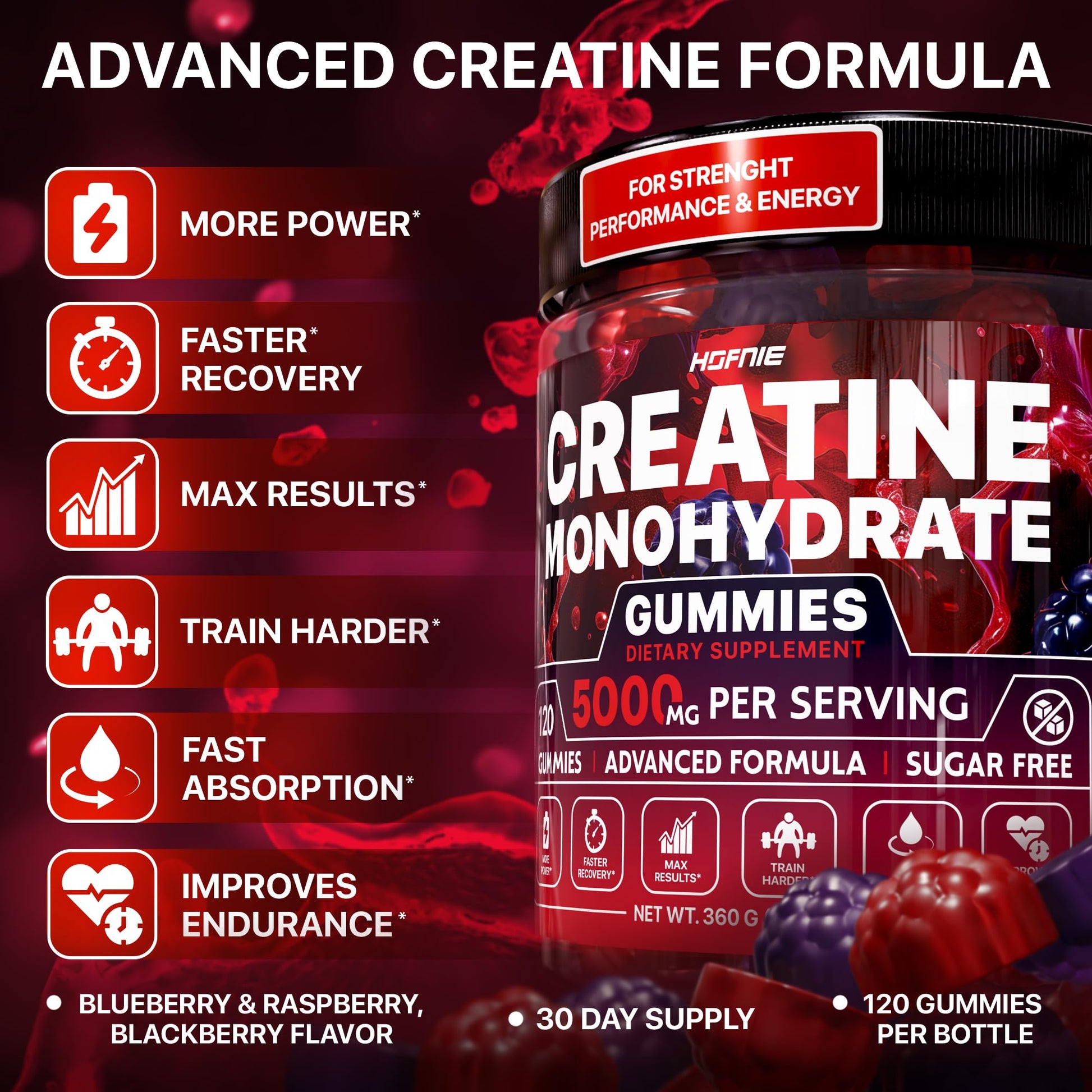 Hofnie Creatine Monohydrate Gummies 5000 mg – Vegan, Sugar-Free Pre Workout Creatine for Men & Women – Raspberry & BlackBerry Flavored Chewable Creatine Monohydrate, 120 Gummies (30-Day Supply) HofnieAu supplements