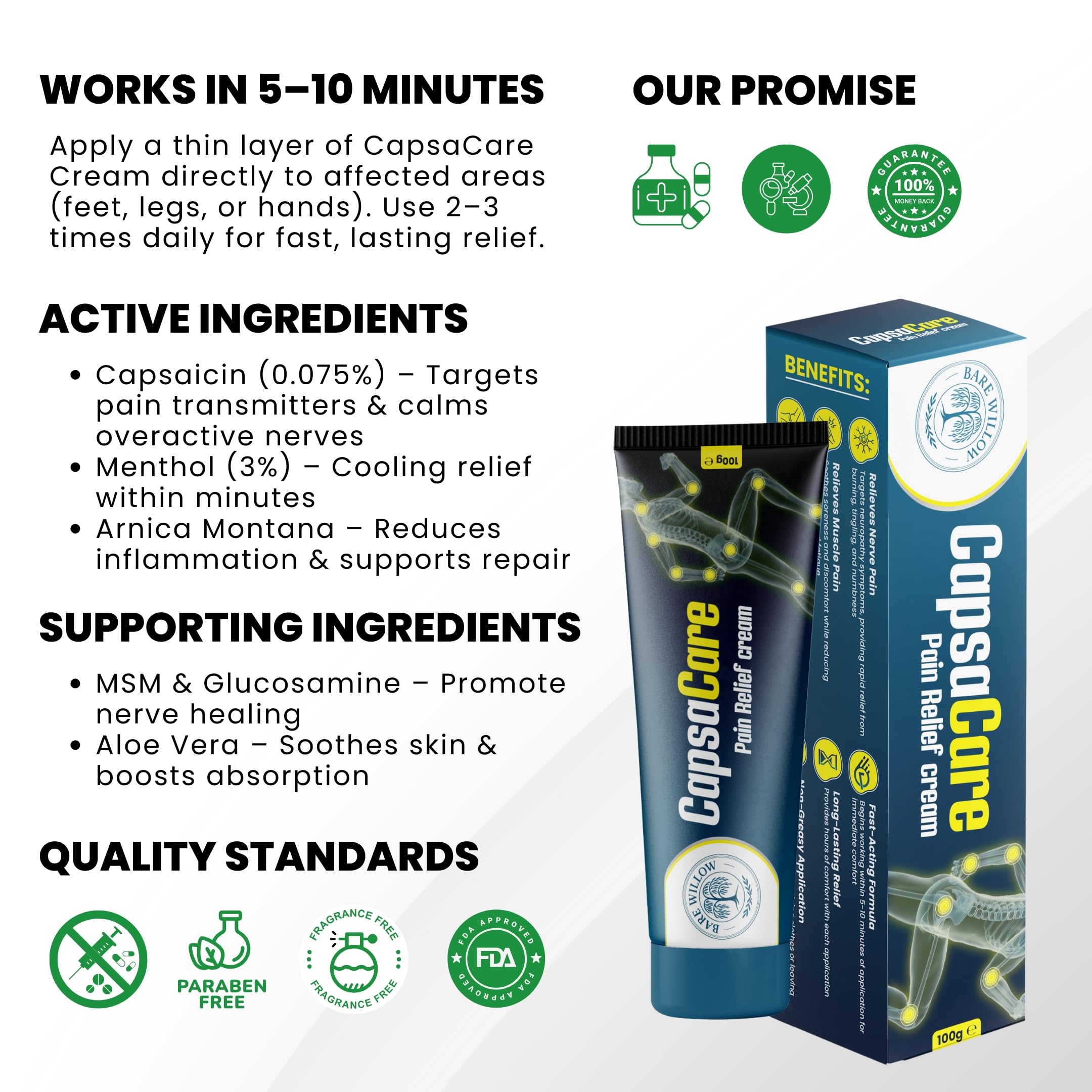 CapsaCare Cream with Capsaicin 0.125% & Magnesium, NeuroSoothe Blend with Arnica, Glucosamine, Menthol & Aloe, Fragrance Free, Non Greasy, Hydrating Topical Skin Cream for Men and Women, 100g (1 Pack) Bare WillowAu supplements