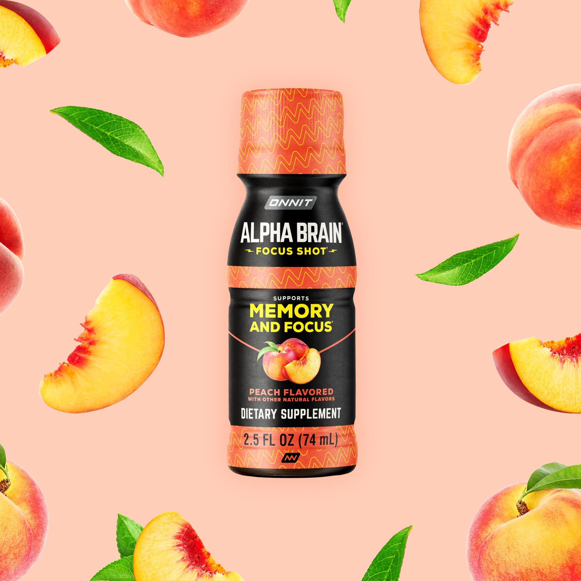 ONNIT Alpha Brain Focus Shot, Peach Flavor, Nootropic Dietary Supplement Drink That Supports Energy, Focus, and Mood, IGEN™ Non-GMO Tested, 2.5 fl oz, 6 Count ONNITAu supplements