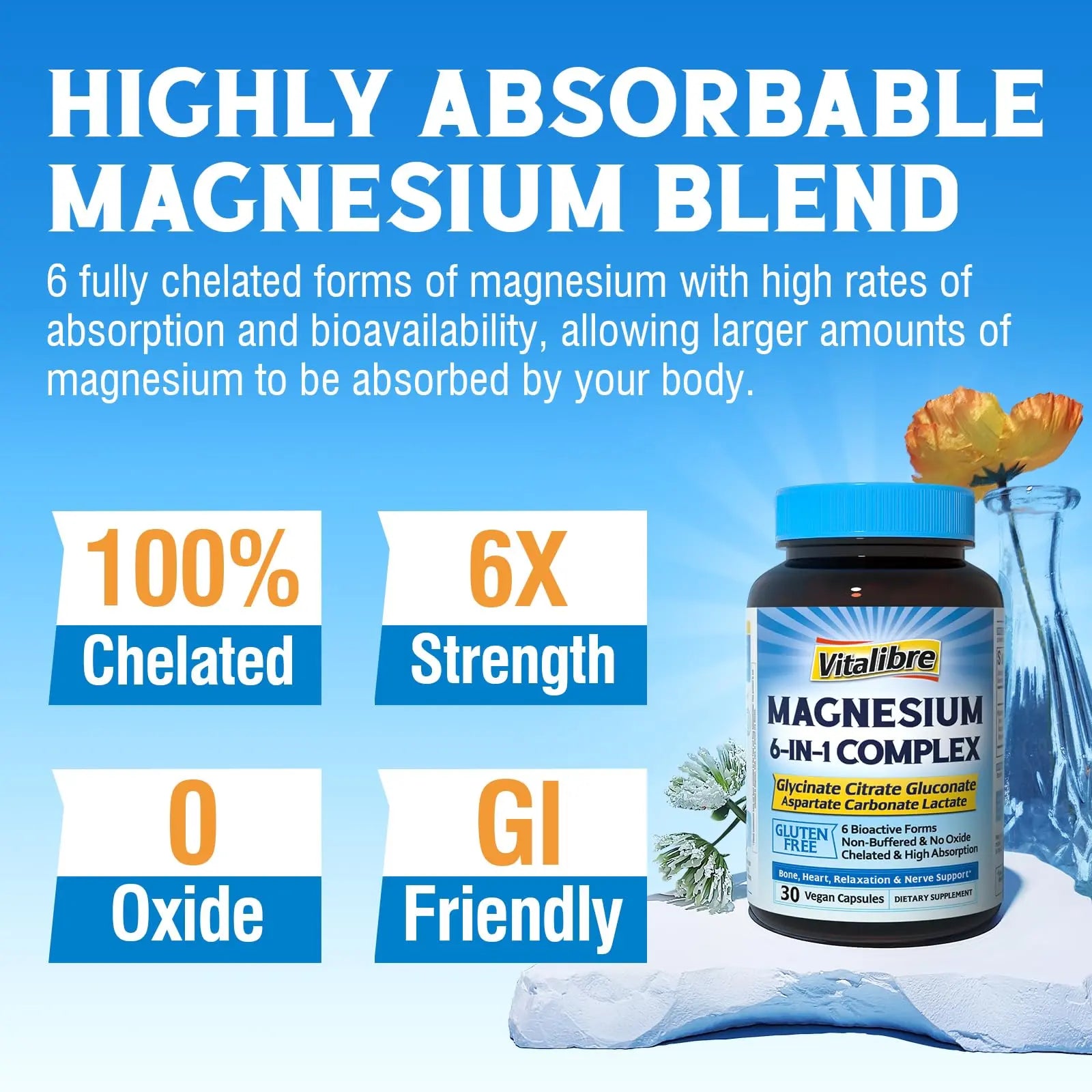 Vitalibre 6 in 1 Magnesium Complex for Women Men, 260mg Elemental Magnesium | Max Absorption | Chelated Magnesium Supplement for Bone, Relaxation & Nerves Support | Non-GMO, 120 Vegan Capsules Vitalibrenz supplements