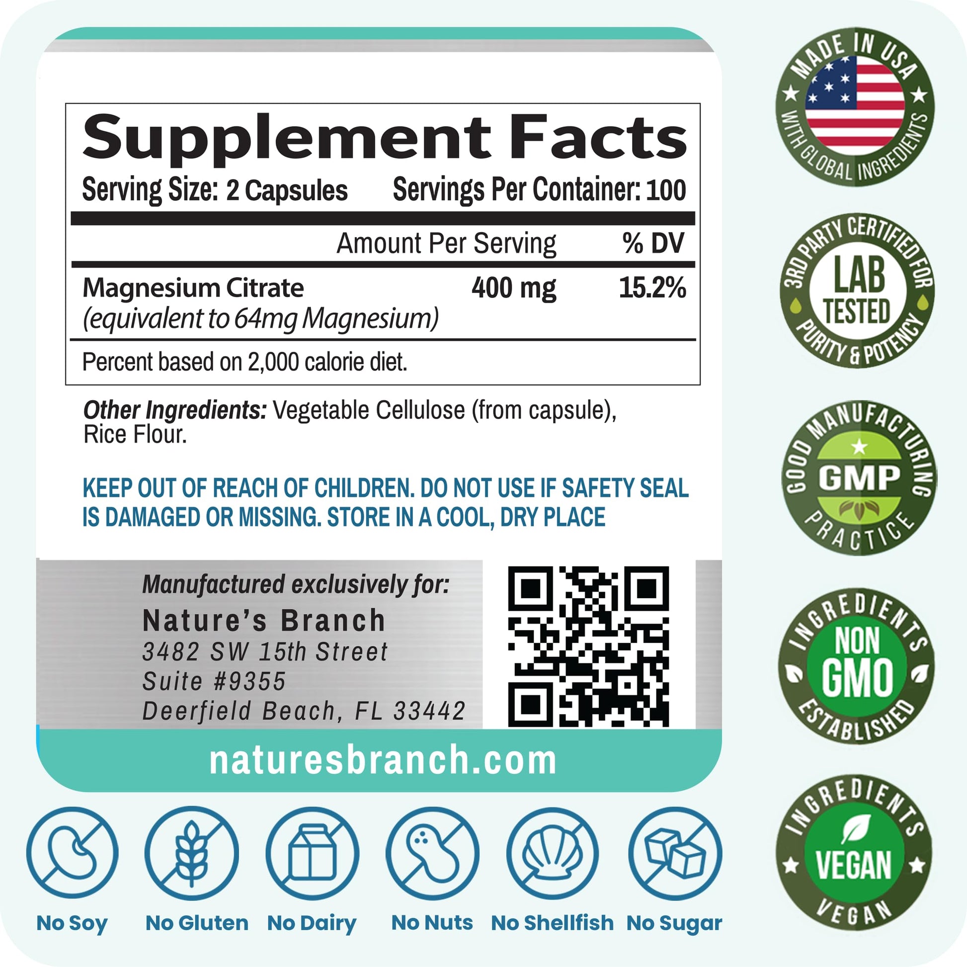 Magnesium Citrate 400mg | 200 Capsules, High Absorption for Sleep, Relax, Leg Cramps, Energy, Extra Strength Easy to Swallow Small Pills for Women & Men, Vegan Supplement for Digestion, Not Tablets NATURE'S BRANCHAu supplements