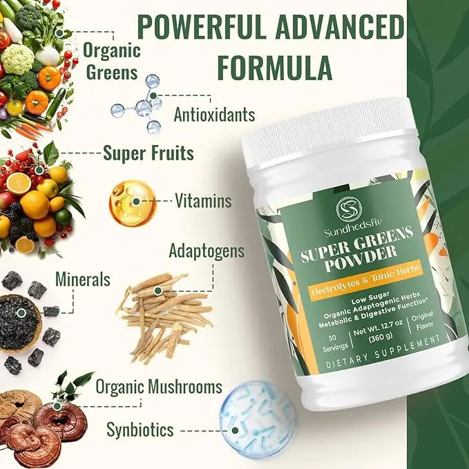 Super Greens Powder Superfood + Electrolytes & Tonic Herbs | Organic Greens, Shilajit, Adaptogens, Antioxidants, Preobiotic & Probiotic & Postbiotic| for Energy, Gut & Immune| Unflavored - 30 Servings Sundhedslivnz supplements