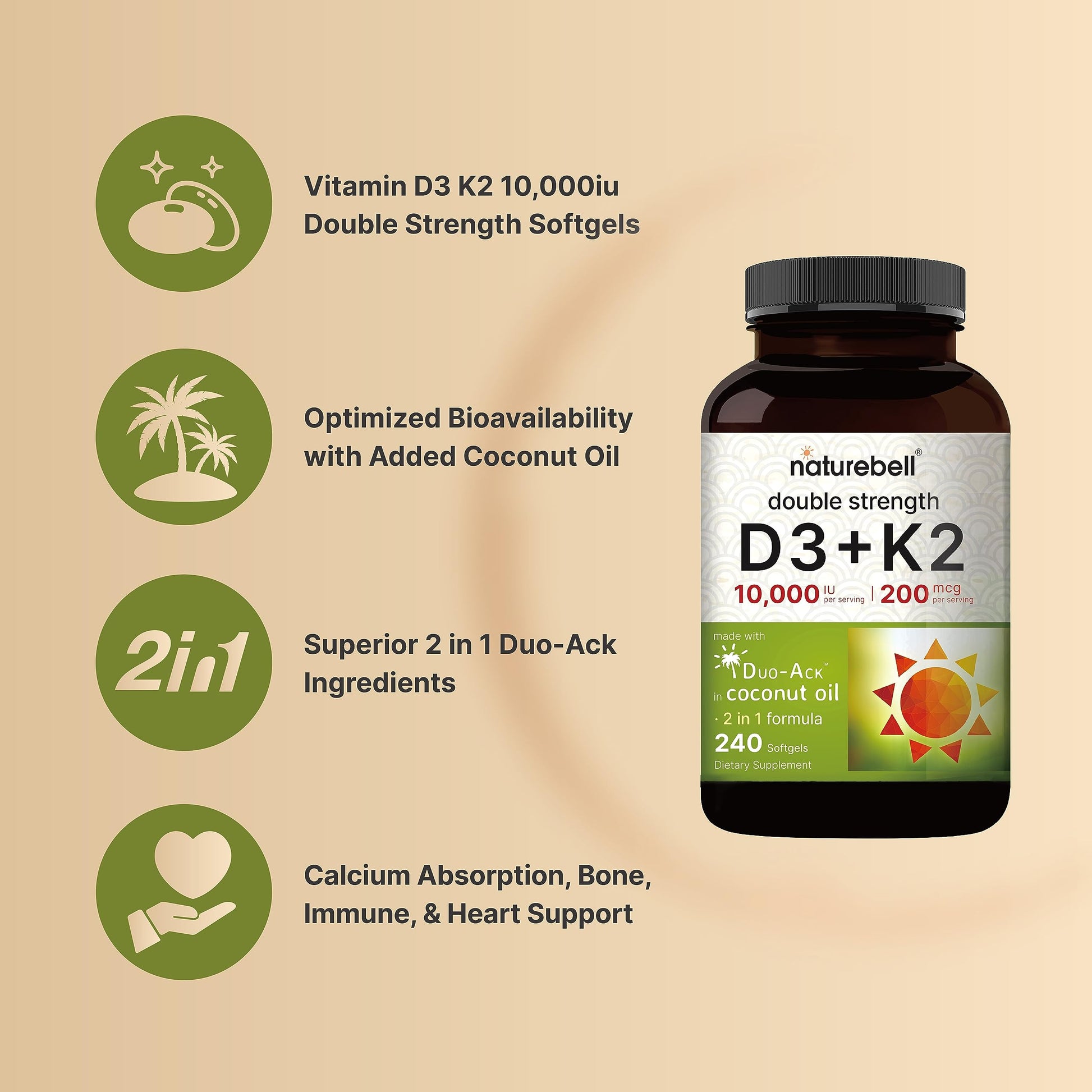 NatureBell Vitamin D3 K2 (10,000 IU Vitamin D + 200mcg Vitamin K MK-7) 240 Softgels NatureBellUS supplements