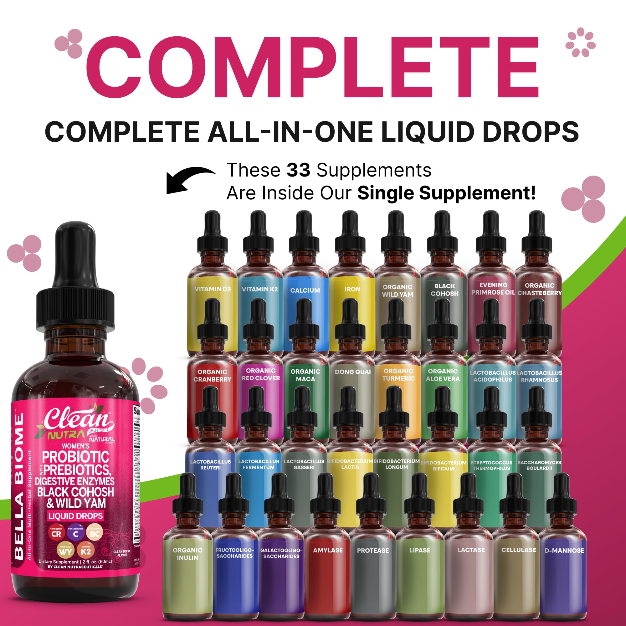 Liquid Probiotics for Women Drops with Chasteberry, Black Cohosh, Prebiotics, Digestive Enzymes, Evening Primrose Oil, Wild Yam, Cranberry Dmannose and Iron Vitamin D3 K2 Clean Nutra Bella Biotics Clean NutraceuticalsAu supplements