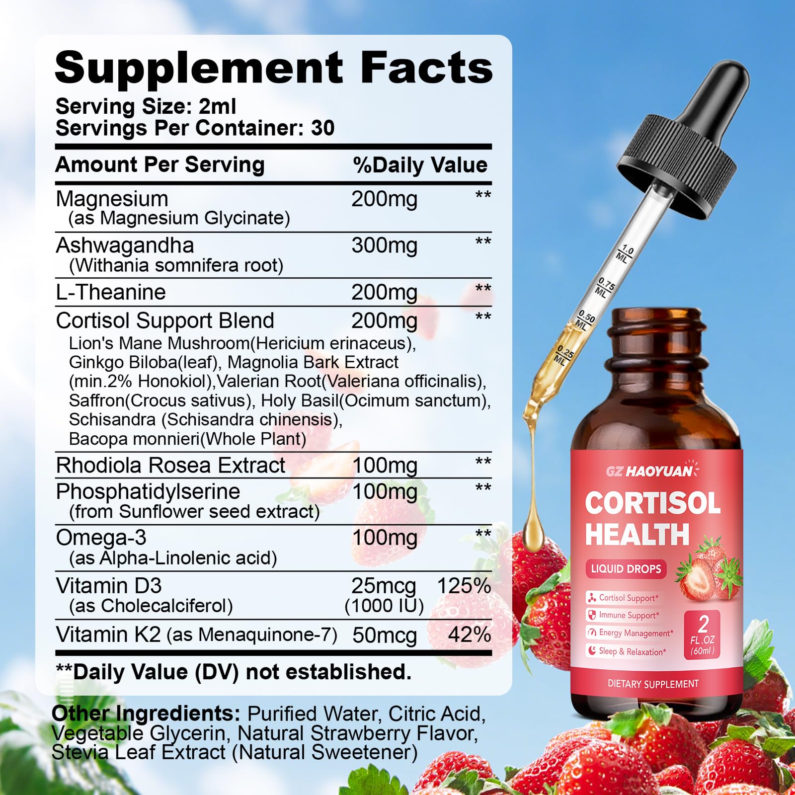 GZ HAOYUAN Cortisol Supplement Liquid Drops for Women and Men with Magnesium, Ashwagandha, L-theanine, Phosphatidylserine for Lower Cortisol, Calm, Mood, Sleep Support - 2 FL.OZ, Strawberry GZ HAOYUANAu supplements