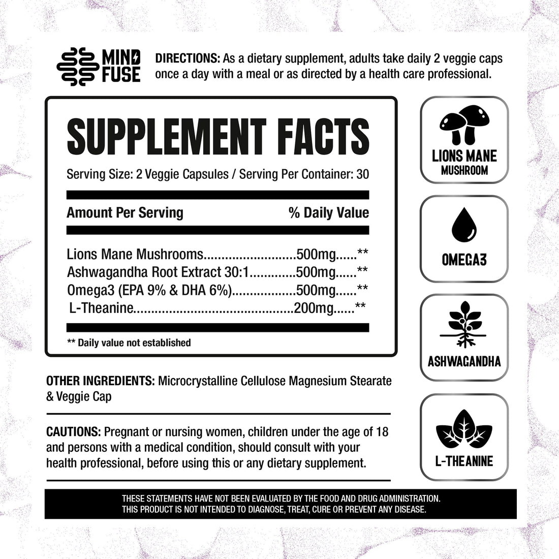 Nootropic Memory Booster Supplement for Adults - Lion’s Mane Capsules with Omega-3, Ashwagandha & L-Theanine for Focus & Memory - Gluten-Free 60 Capsules Mind FuseAu supplements