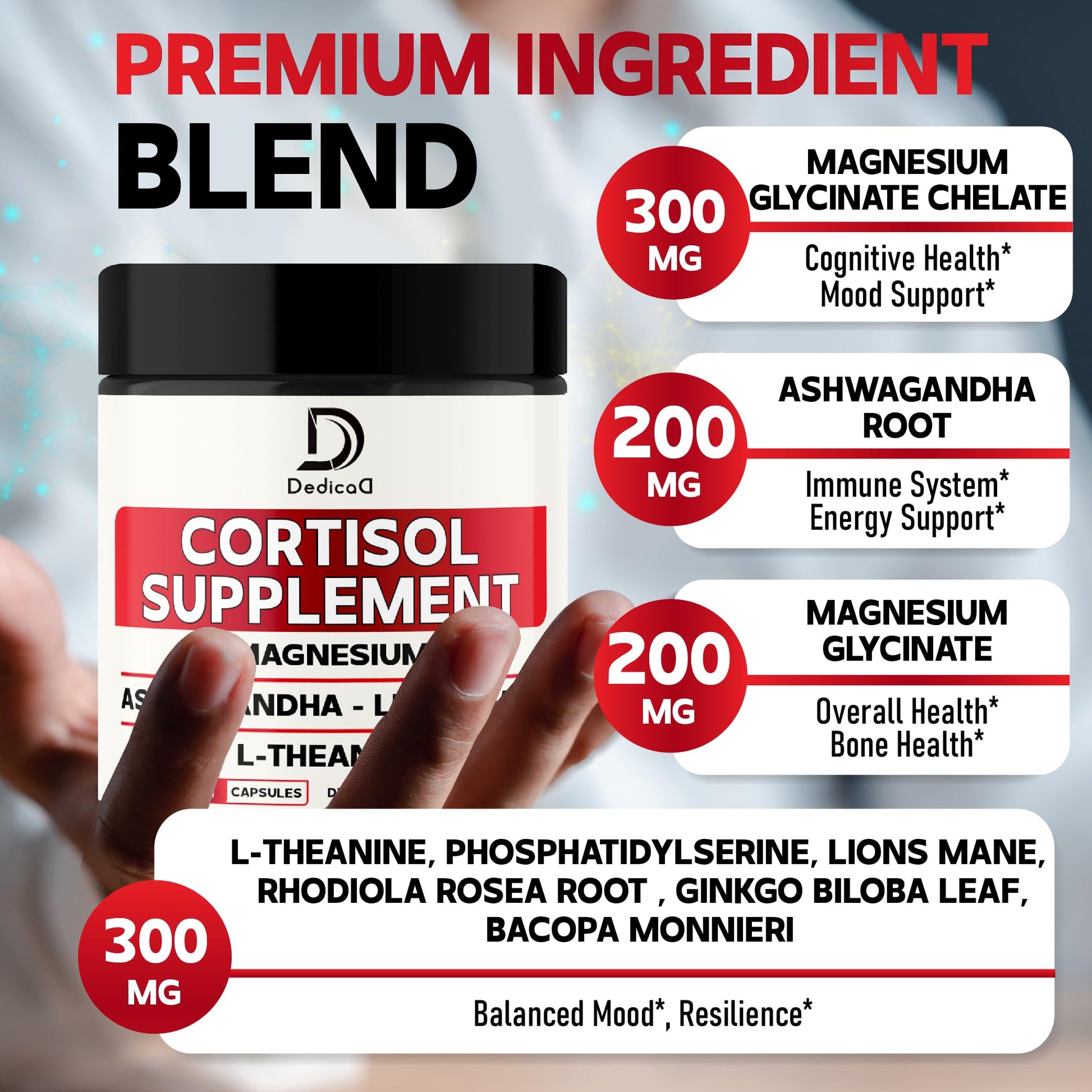 DEDICAD 9in1 Cortisol Supplement - Ashwagandha and Magnesium Glycinate and Chelate - Brain Health & Restful Night & Mood Balance - 90 Capsules Supply 45 Days DEDICADAu supplements