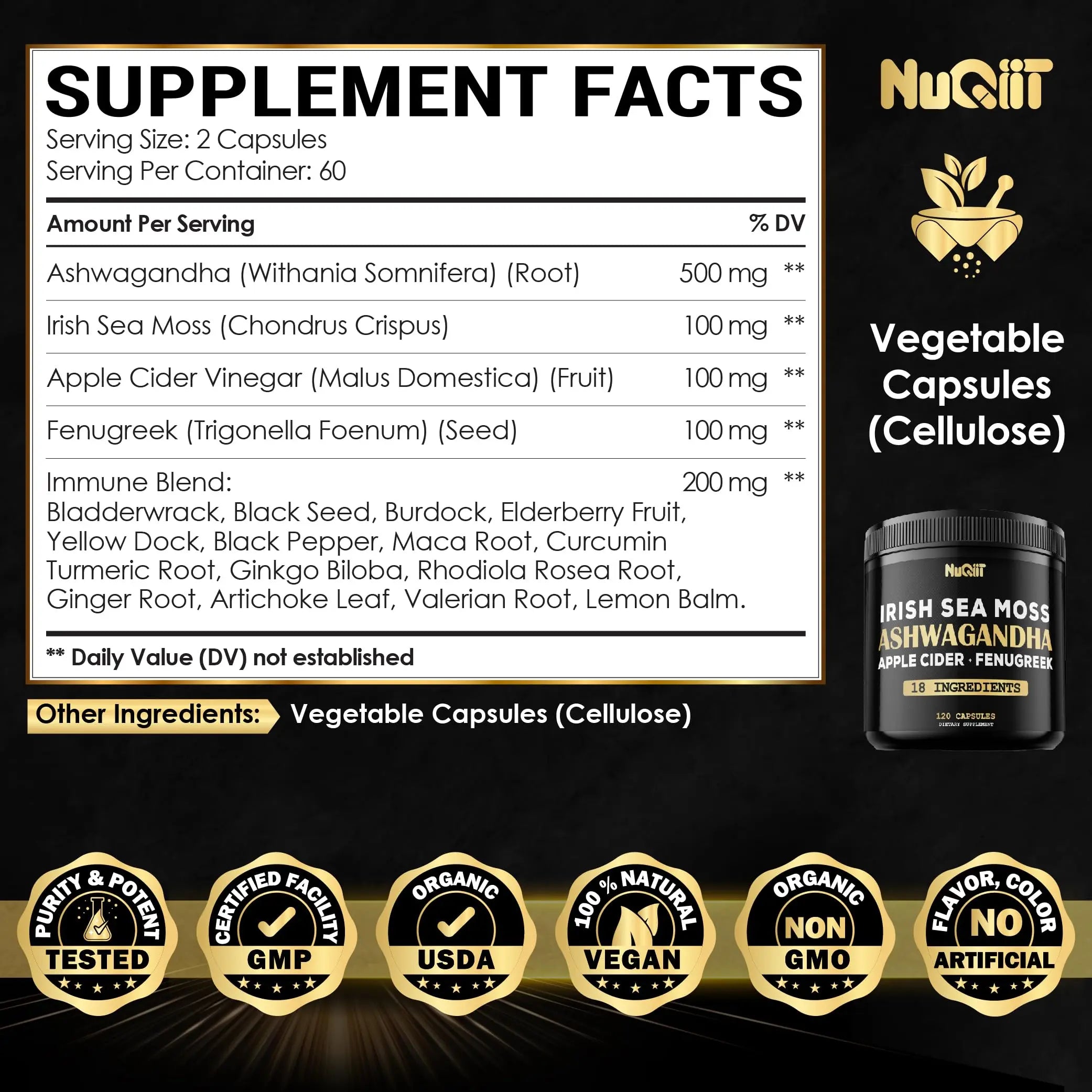 NUQIIT Organic Ashwangdha Capsules 15000mg Irish Sea Moss Apple Cider Vinegar & More - Support Brain Health, Strength & Immune System - 120 Vegan Capsules NUQIITAu supplements