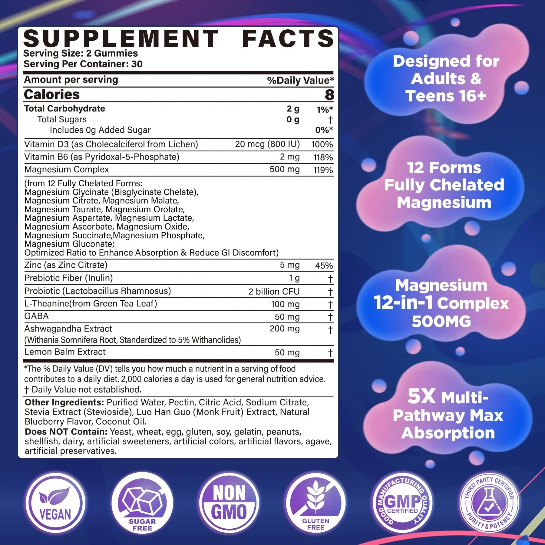 Full Spectrum Magnesium Glycinate Complex 21 in 1 Gummies for Deep Calm Sleep, 12 Forms Magnesium Citrate Malate Taurate Orotate for Women Men + Probiotics w/Ashwagandha, L-Theanine, GABA, 120Cts Nextdianz supplements