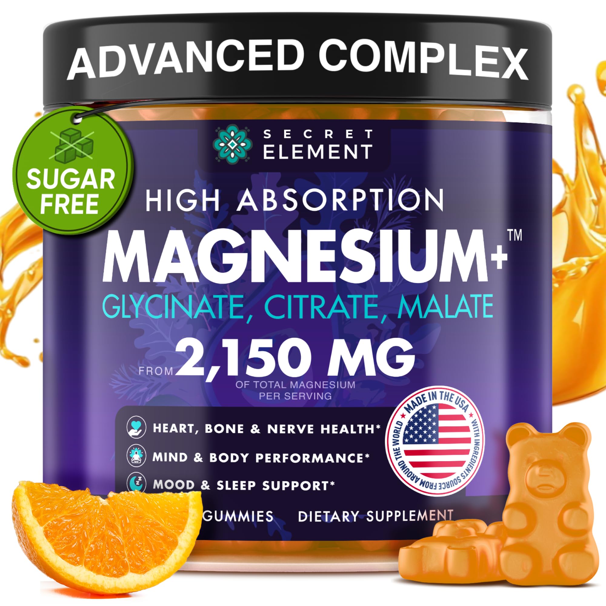 Magnesium Glycinate 2150MG Gummies for Women and Men, High Absorption Magnesium Glycinate, Citrate, Malate Gummies for Adults & Kids, Sleep Support, Sugar Free, Vegan, 60 Chews, Orange Secret ElementAu supplements