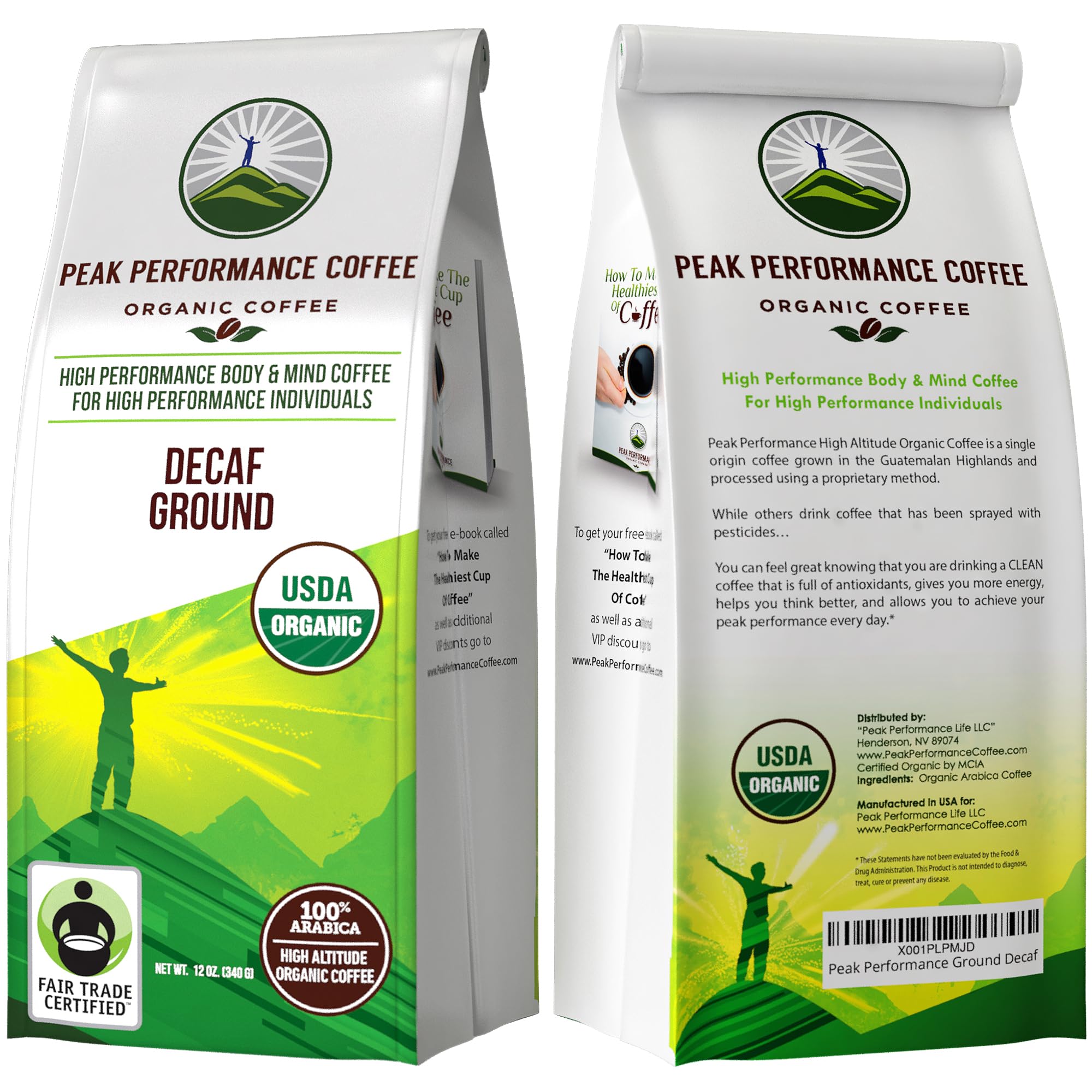 Peak Performance High Altitude Organic Decaf Coffee - Fair Trade, Low Acid, Non GMO, and Beans Full of Antioxidants - Medium Roast Smooth Tasting USDA Certified Organic Decaffeinated Ground 12 oz Peak PerformanceAu supplements