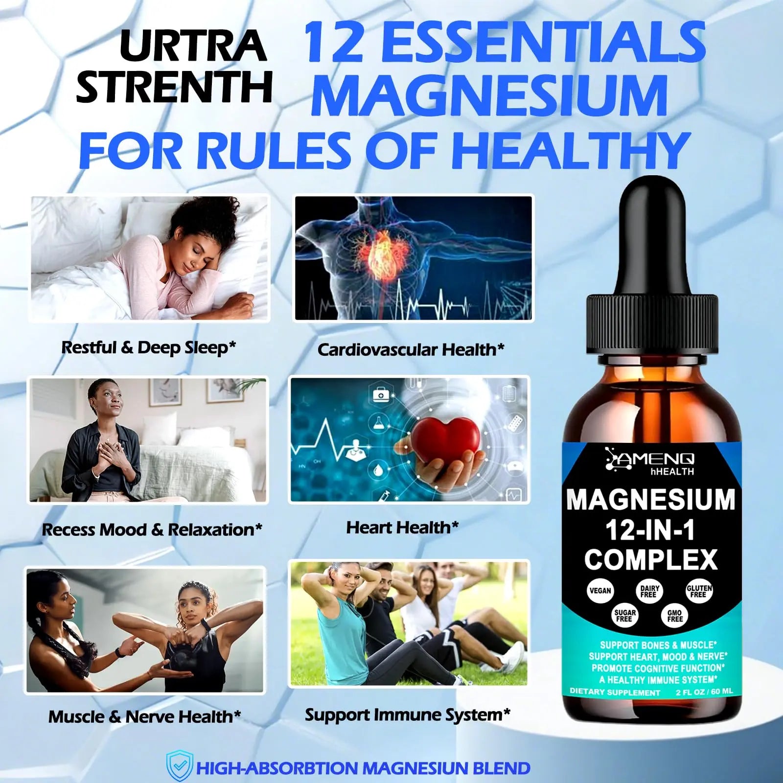 Magnesium 12 in 1 Complex Liquid Drops Magnesium Supplement w. Glycinate Citrate Malate Taurate Oxide Aspartate Orotate, Calm Magnesium for Sleep Muscle Heart Support丨Max Absorption Liquid Formula AMENQ hHEALTHnz supplements