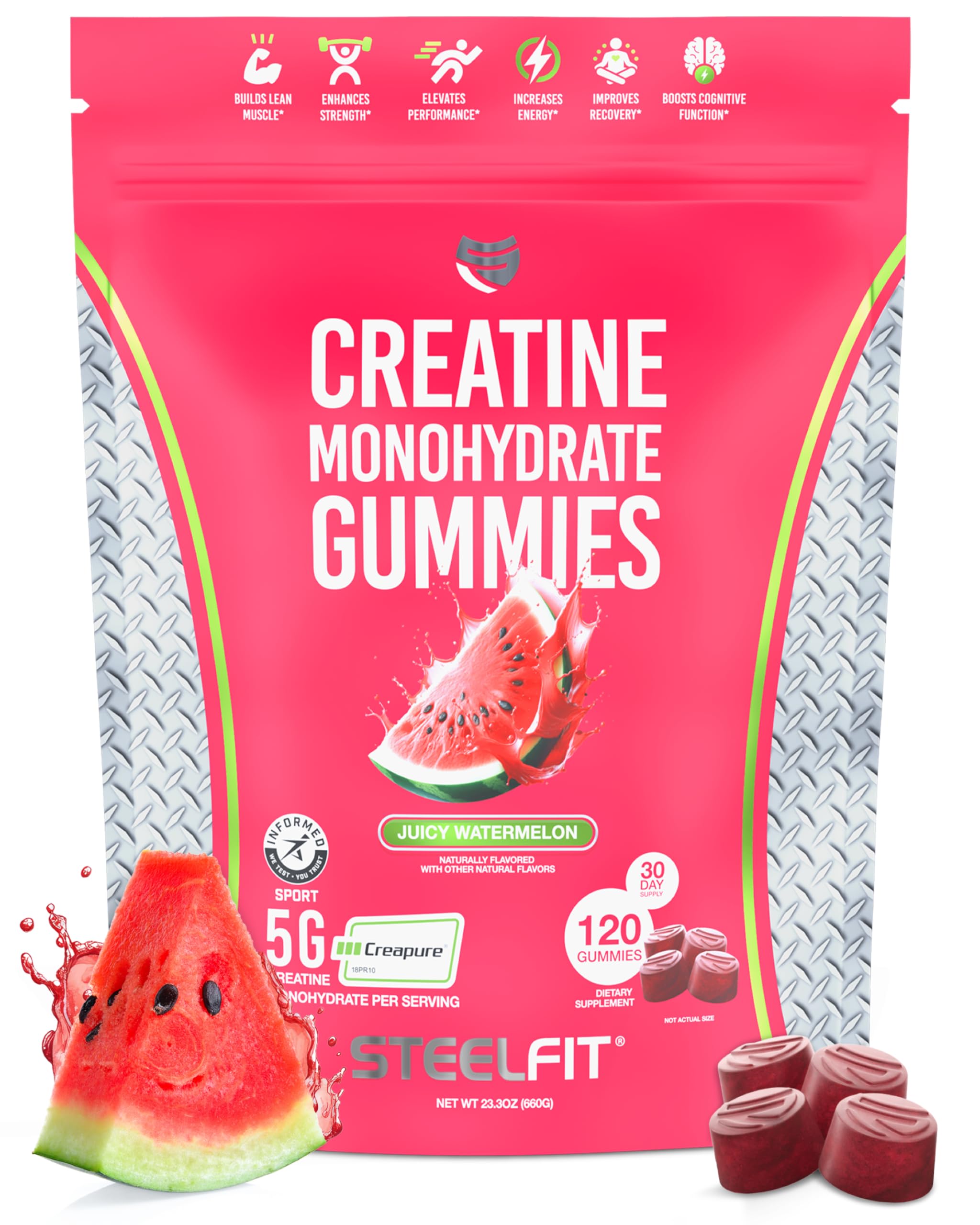SteelFit Creapure Creatine Monohydrate Gummies for Men & Women, Juicy Watermelon - Gym Workout Nutritional Supplements for Muscle Gain, Brain Health & Strength Building Dietary Supplement, 120 Gummies SteelFitAu supplements