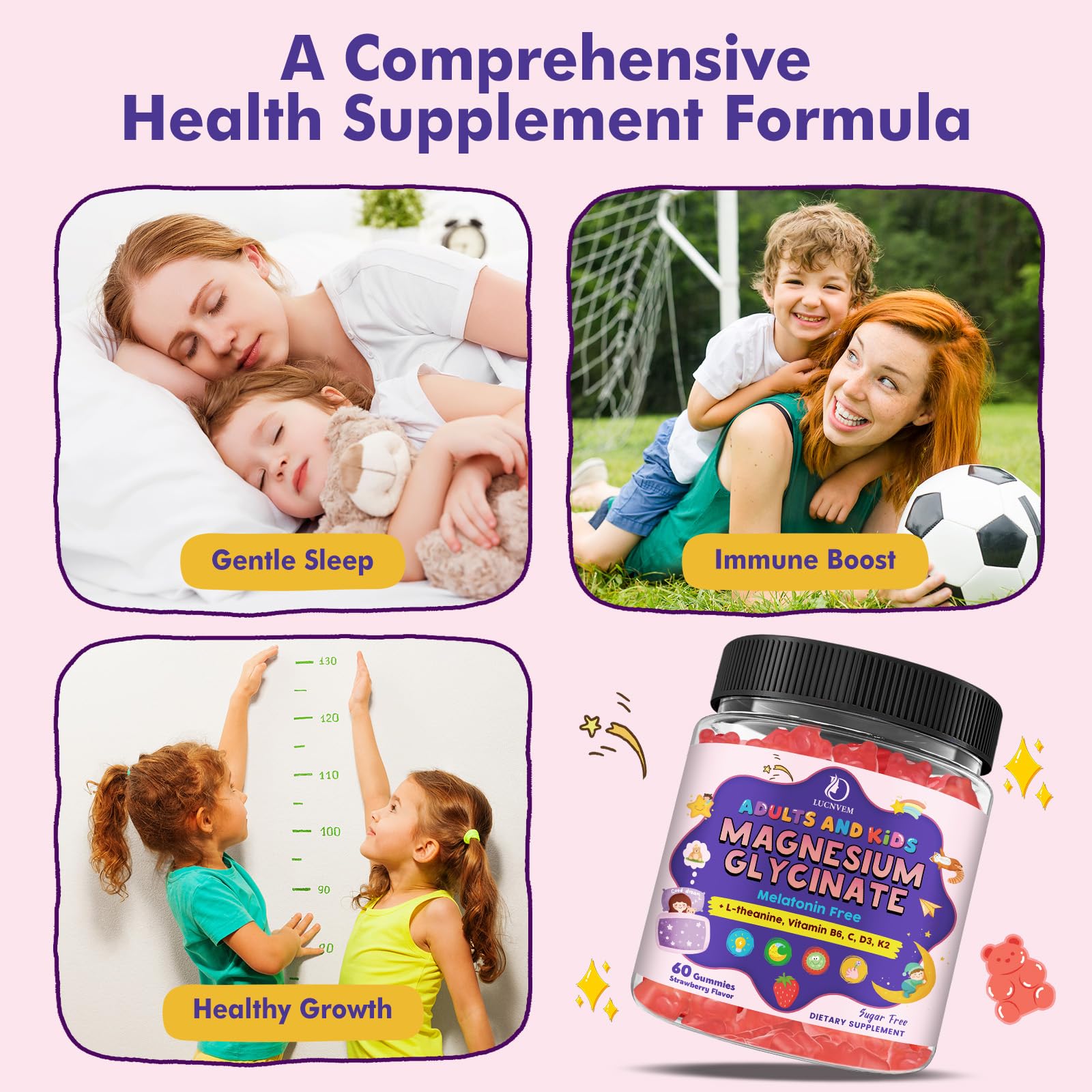 Magnesium Glycinate Gummies for Kids 4+ & Adults- Magnesium Glycinate 150/300 mg for Natural Sleep, Relaxation & Calm Support, Melatonin Free, Sugar Free Strawberry Flavor, 60 Ct LUCNVEMAu supplements