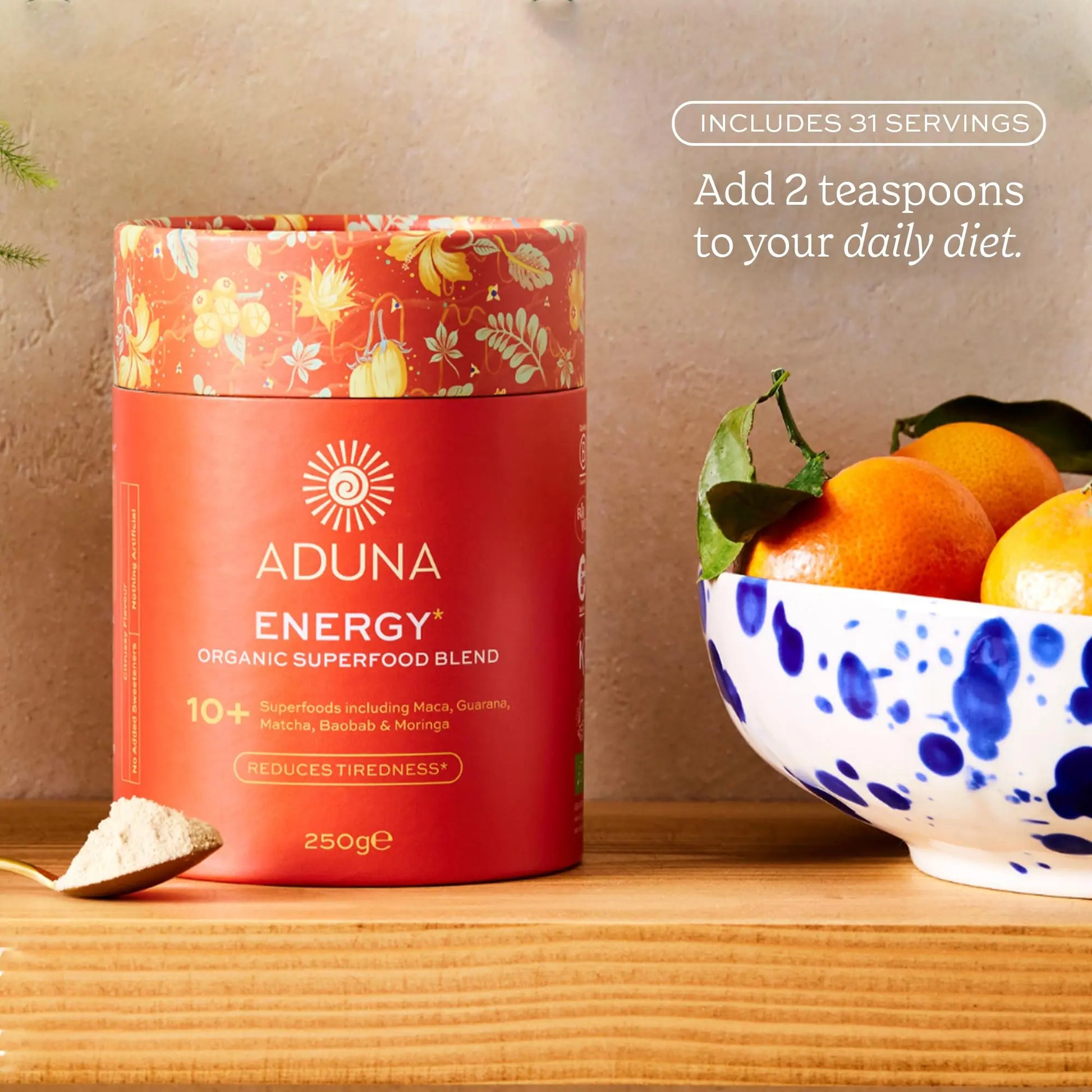 Aduna Organic Energy Superfood Blend | 100% Natural Stir-in Blend With 10+ Superfoods for Natural Energy, Focus & Reduced Tiredness | Vegan Powder for Yogurt, Juices, & Smoothies | 250g Adunanz supplements