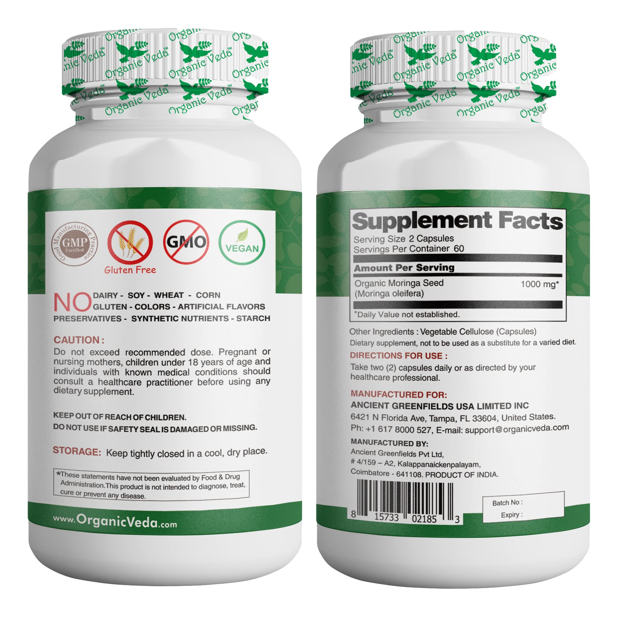 Organic Veda Moringa Seed Capsules - Pure Organic Moringa Capsules Seed Powder Organic VedaUS supplements