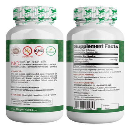 Organic Veda Moringa Seed Capsules - Pure Organic Moringa Capsules Seed Powder Organic VedaUS supplements