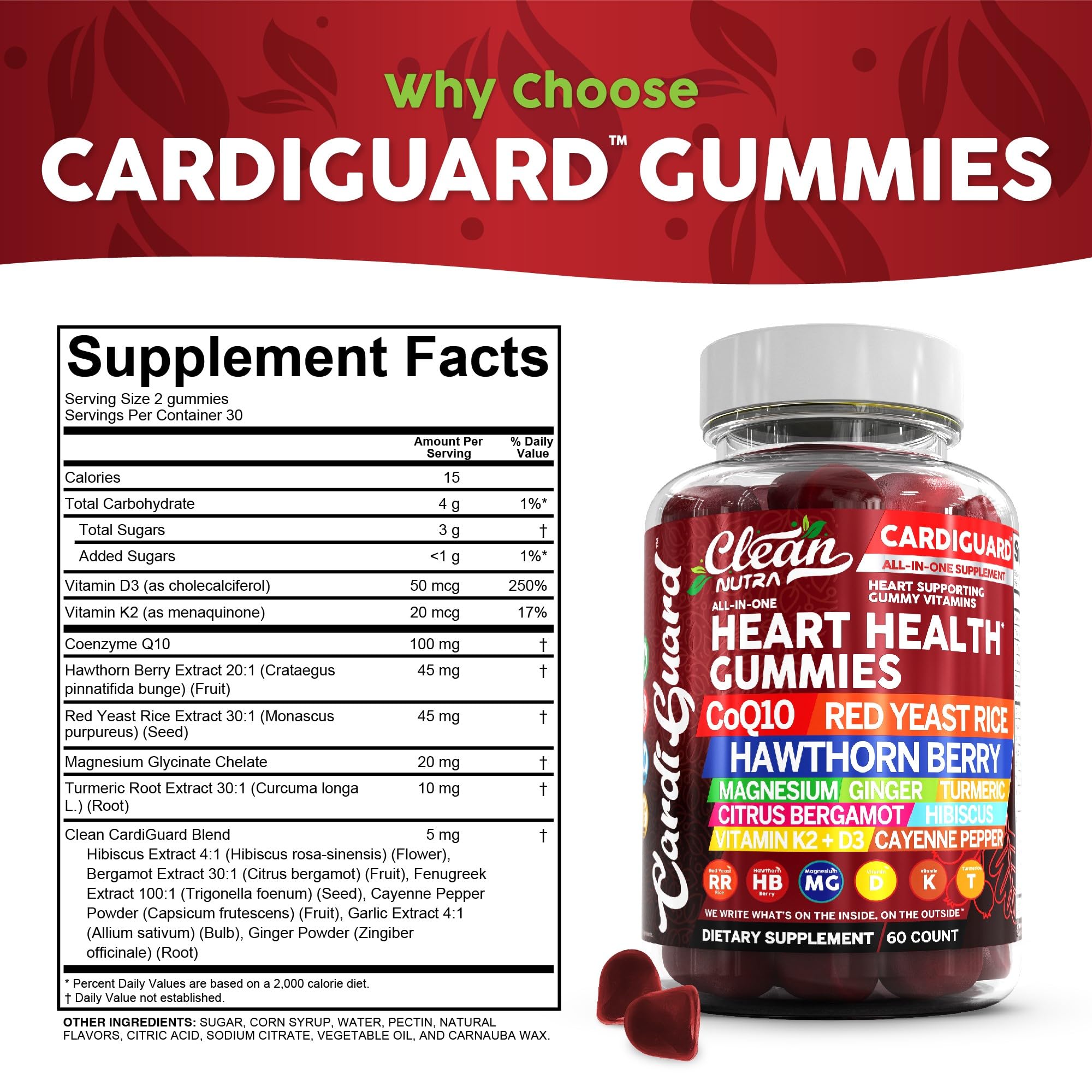 Clean Nutraceuticals Coq10 Gummies | Red Yeast Rice Hawthorn Berry Ginger Turmeric Citrus Bergamot Hibiscus Vitamin K2+D3 Magnesium Glycinate Cayenne Pepper Fenugreek Orange Flavor CardiGuard Clean NutraceuticalsAu supplements