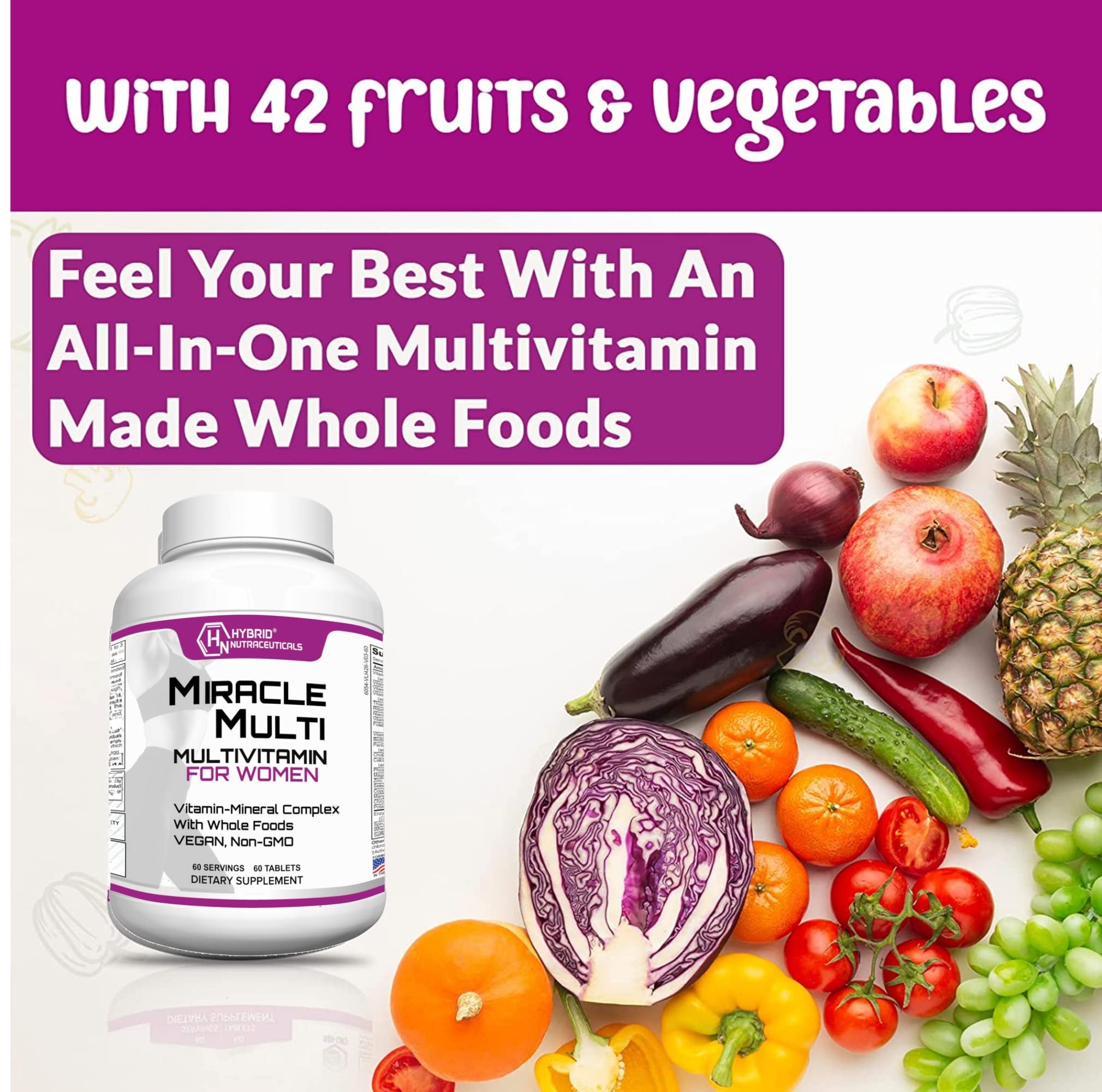 Hybrid Nutraceuticals MiracleMulti Women Multivitamin with Probiotics, Biotin, Folic Acid, Enzymes + Fruit & Vegetable Blend - Immune Support, Heart Health, Energy: 60 Servings (Non-GMO) Hybrid NutraceuticalsAu supplements