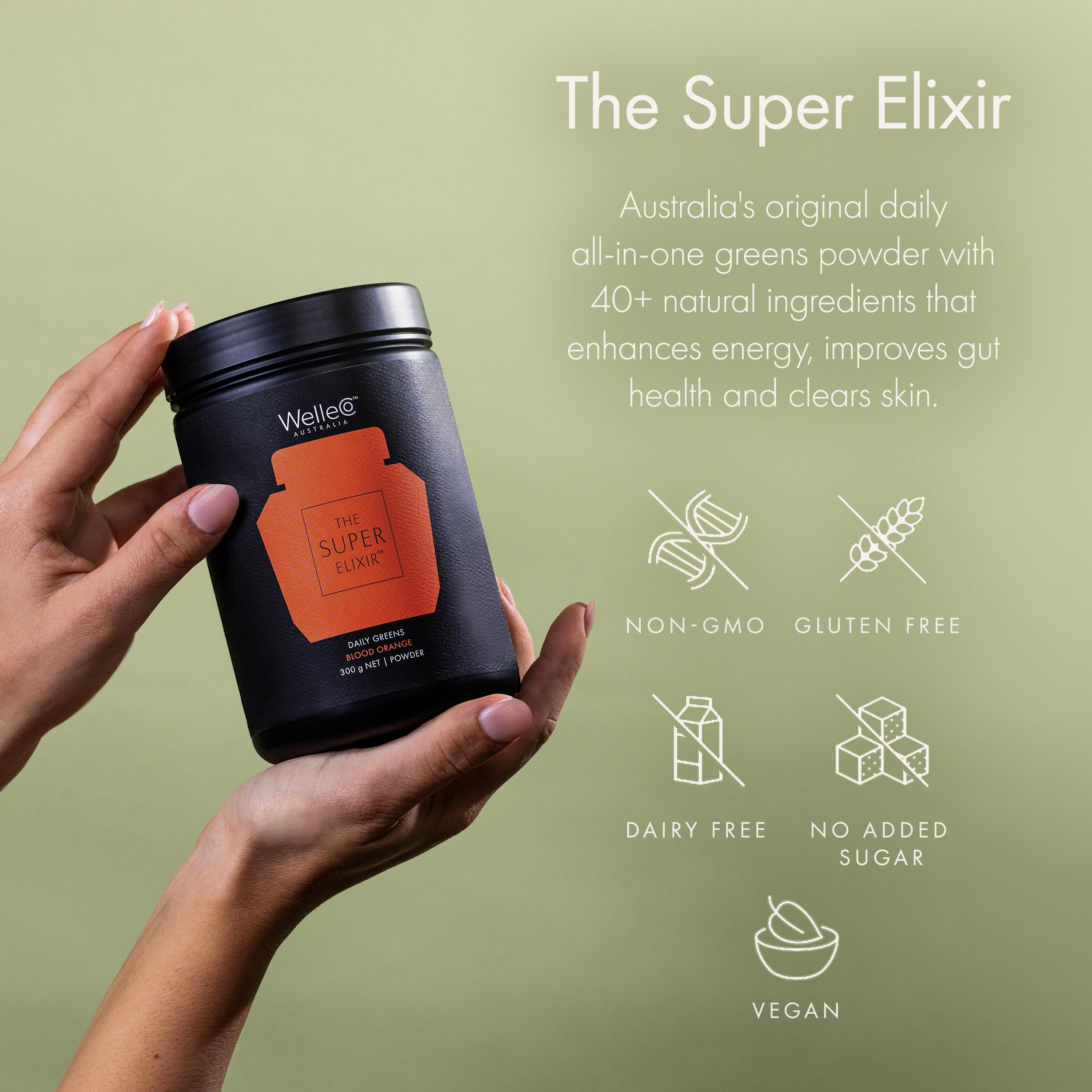 WelleCo The Super Elixir Daily Greens Powder, Probiotic Drink Mix with Whole Foods, Gluten Free, Vegan Gut Health Powder, Energy, Immunity, Healthy Skin, Hair & Nails (Jar, Blood Orange) WelleCoAu supplements