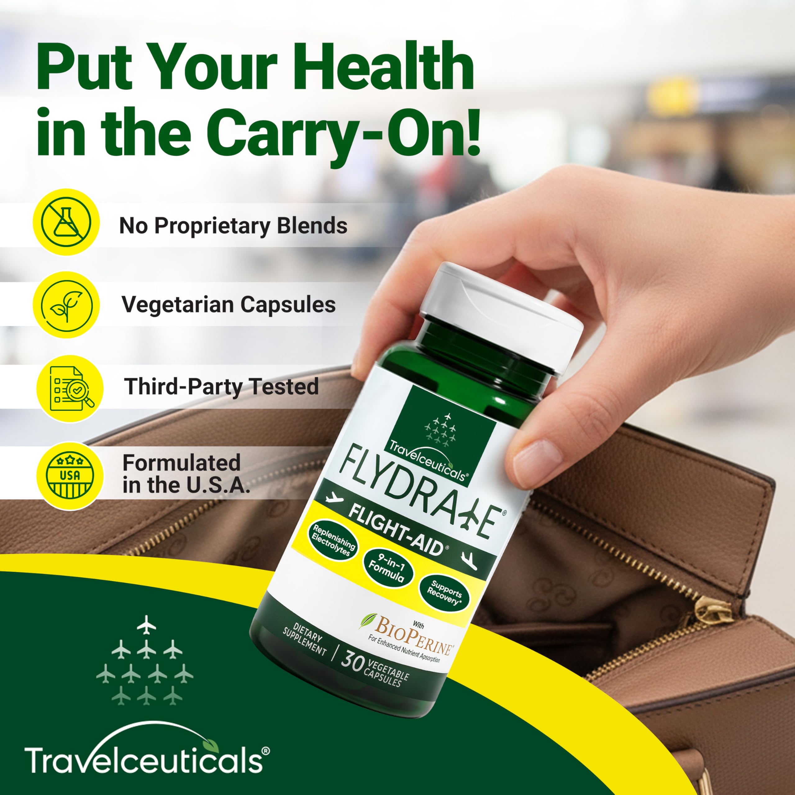 Flight-Aid | Replenishing Electrolyte Hydration Capsules Made for Travel, Jet Lag, Fatigue & Recovery | 9-in-1 Formula with Essential Electrolytes, Vitamins, Minerals & Bioperine® | 30 Capsules FlydrateAu supplements