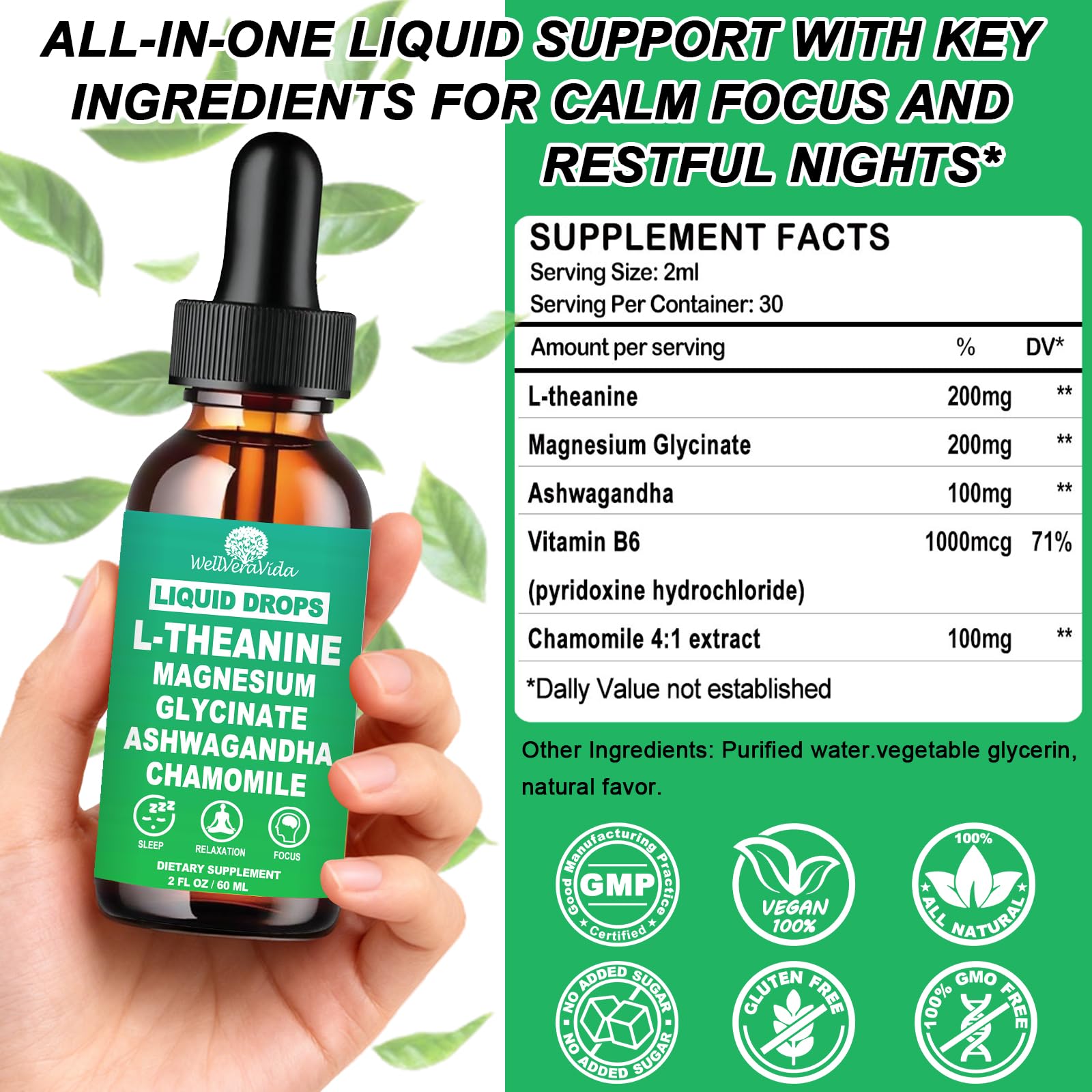 L theanine Liquid Drops, Theanine Supplement With Magnesium Glycinate & Ashwagandha for Sleep, Relaxation & Focus Support, High Absorption Liquid L Theanine 200mg for Adults & Kids丨Vegan, Non-GMO, 2oz WellVeraVidaAu supplements