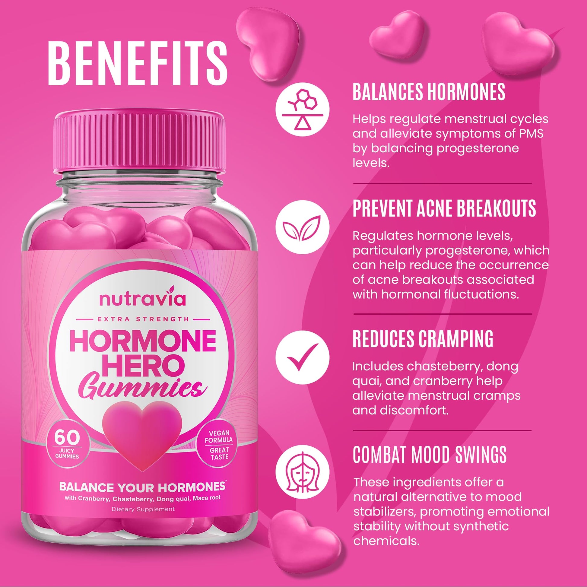 Hormone Balance For Women Gummies + PMS Relief Supplement - Supports Mood Swings, Clear Skin, Reduced Cramps and Bloating - Hormonal PMS Gummies PCOS Vitamin with Cranberry, Dong Quai (60 Gummies) NutraviaAu supplements