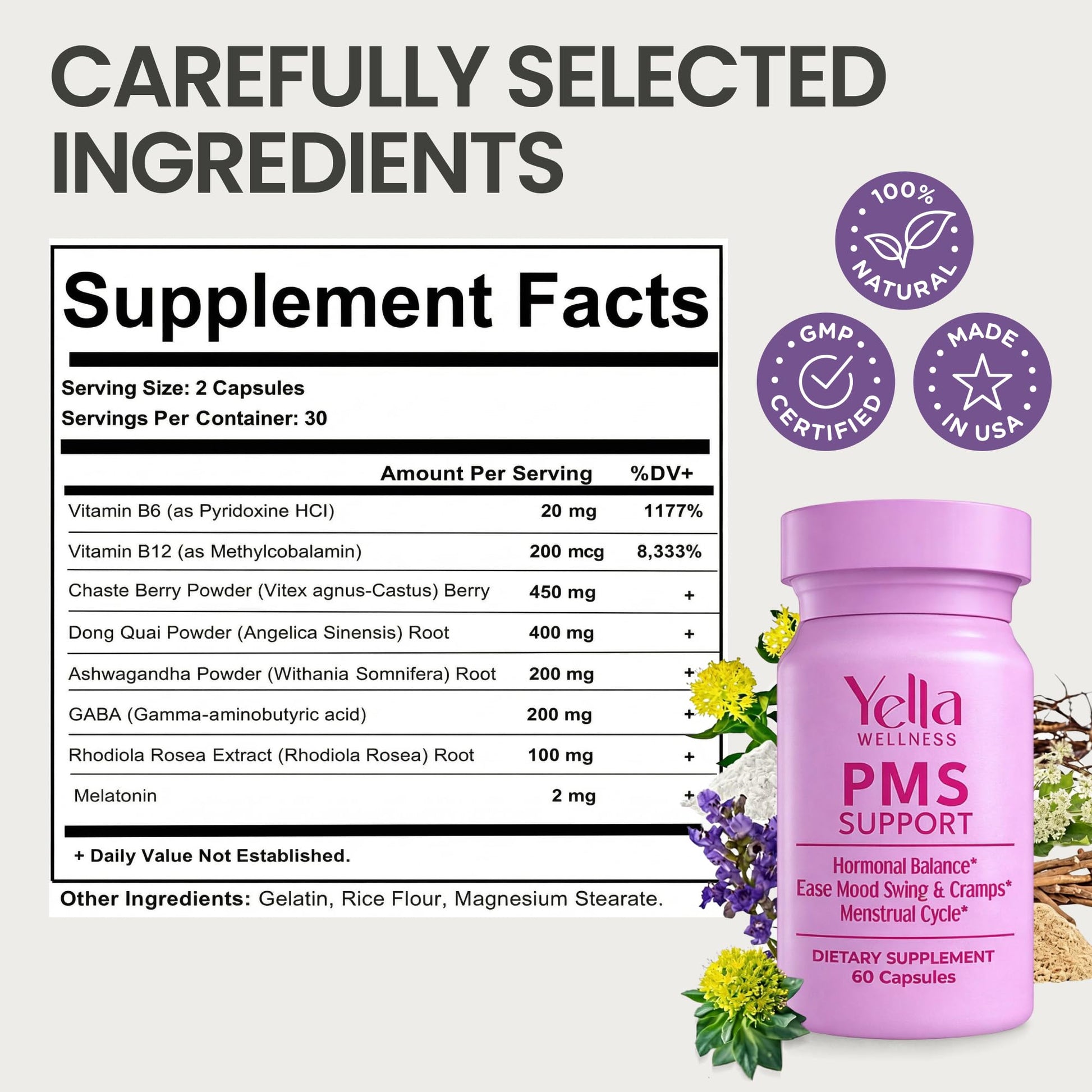 YELLA WELLNESS Hormone Balance for Women - PMS Support Supplement for Women w/Chaste Tree, Dong Quai and Ashwagandha- PMS and Menopause Relief for Bloating, Cramps and Mood Swings- (60ct) YELLA WELLNESSAu supplements