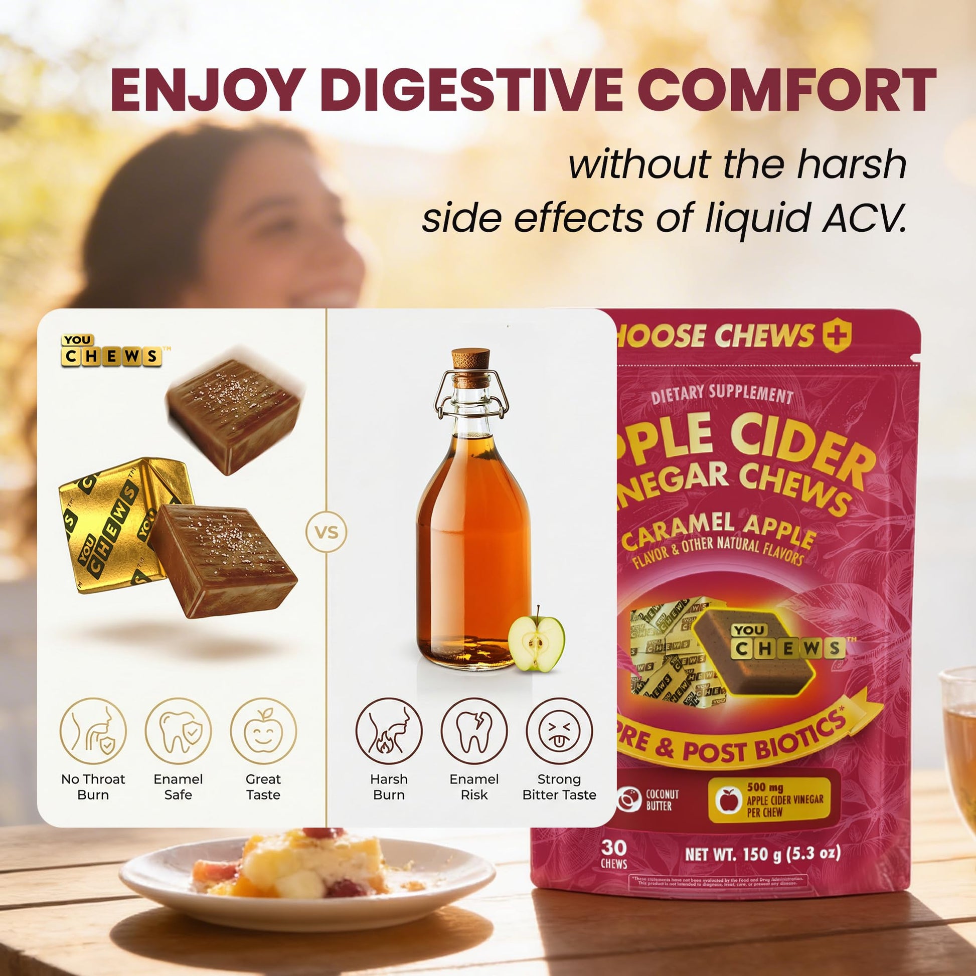 YouChews Apple Cider Vinegar Chews Better Than Apple Cider Gummies - Bloating Relief for Women and Men, 500mg Organic ACV with Prebiotics & Postbiotics, Low Sugar, Caramel Flavor, 30 Count YouChewsAu supplements