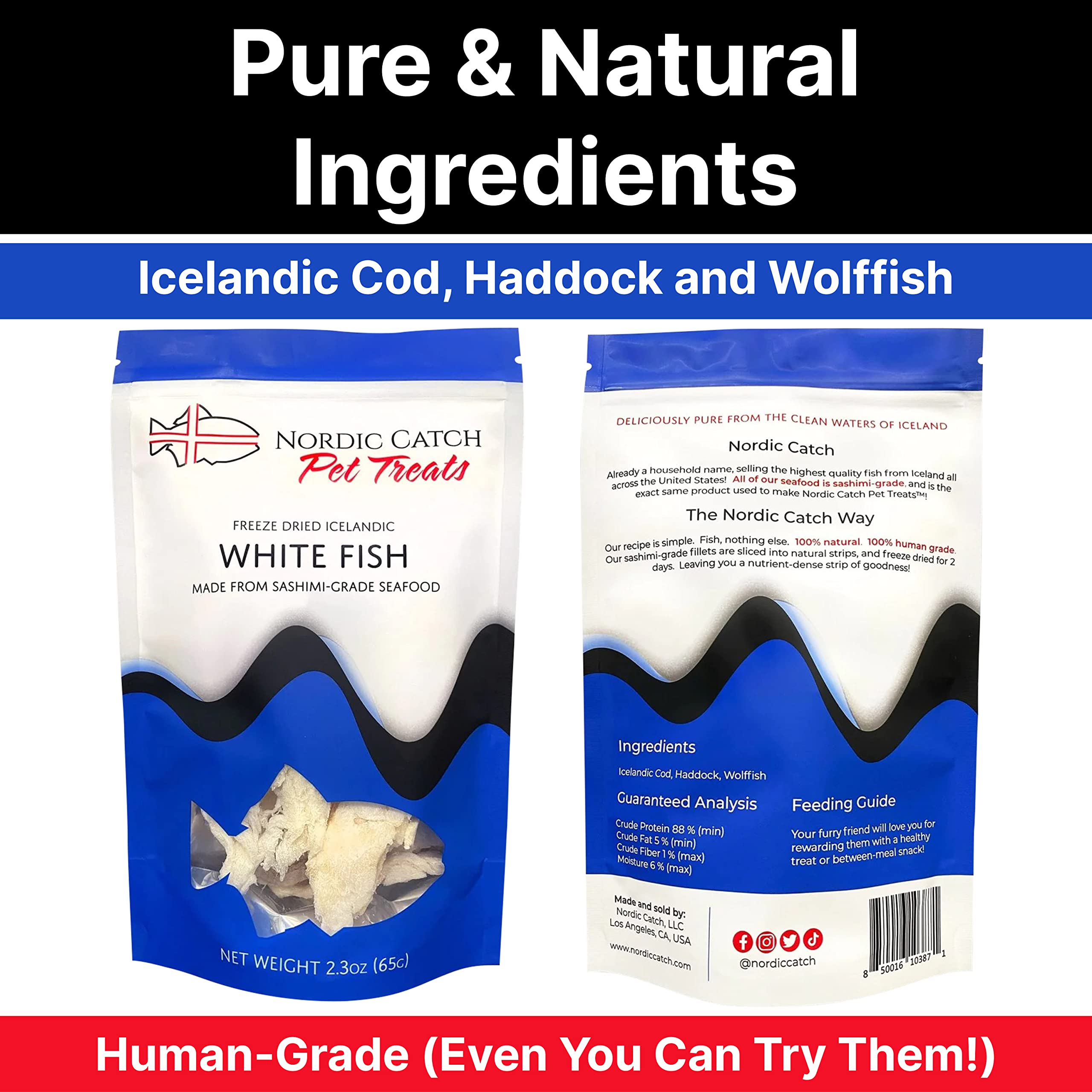 Nordic Catch Freeze Dried Fish Pet Treats from Iceland - Pure, All Natural Seafood Snacks for Dogs, Cats and Other Pets - Human Safe Ingredients, Made from Sashimi Grade Seafood - White Fish Nordic CatchAu supplements