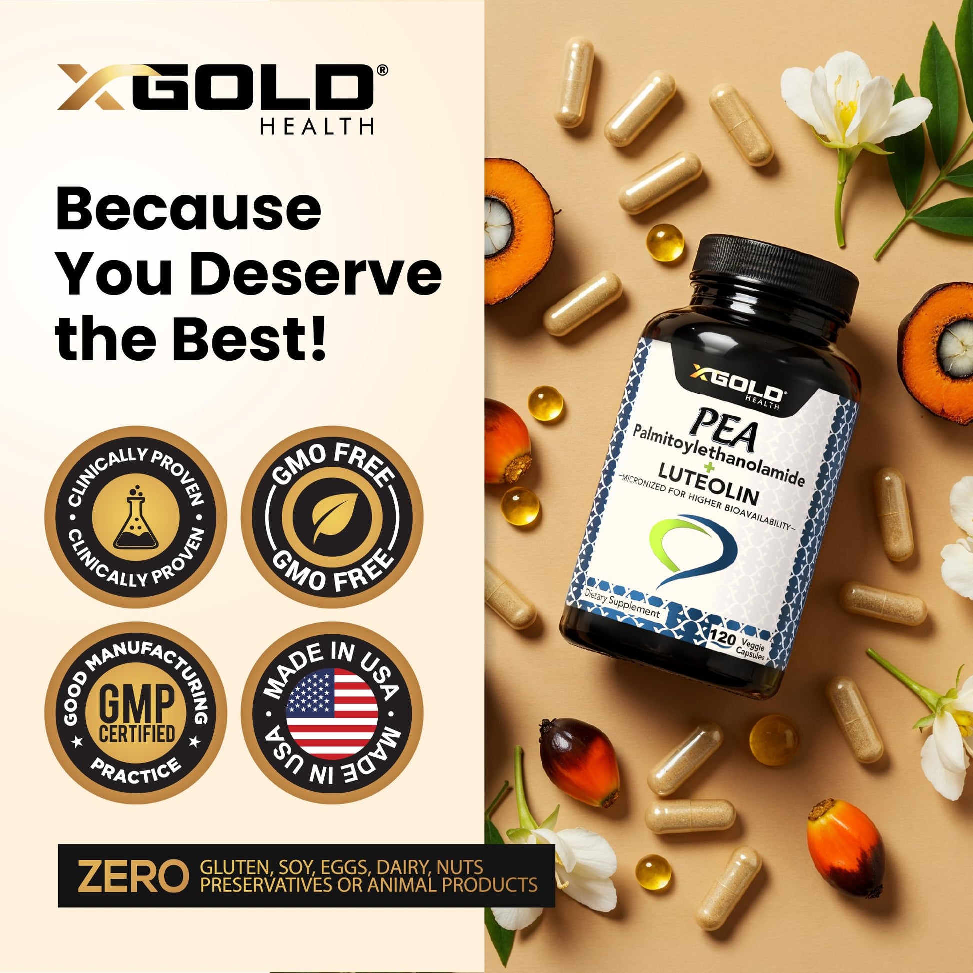 Palmitoylethanolamide 630 mg + Luteolin Standardized 98%- Micronized Pea 99% Highly Purified and Bioavailable - Made in USA - Supplement for Men and Women - 120 Veggie Capsules X Gold HealthAu supplements