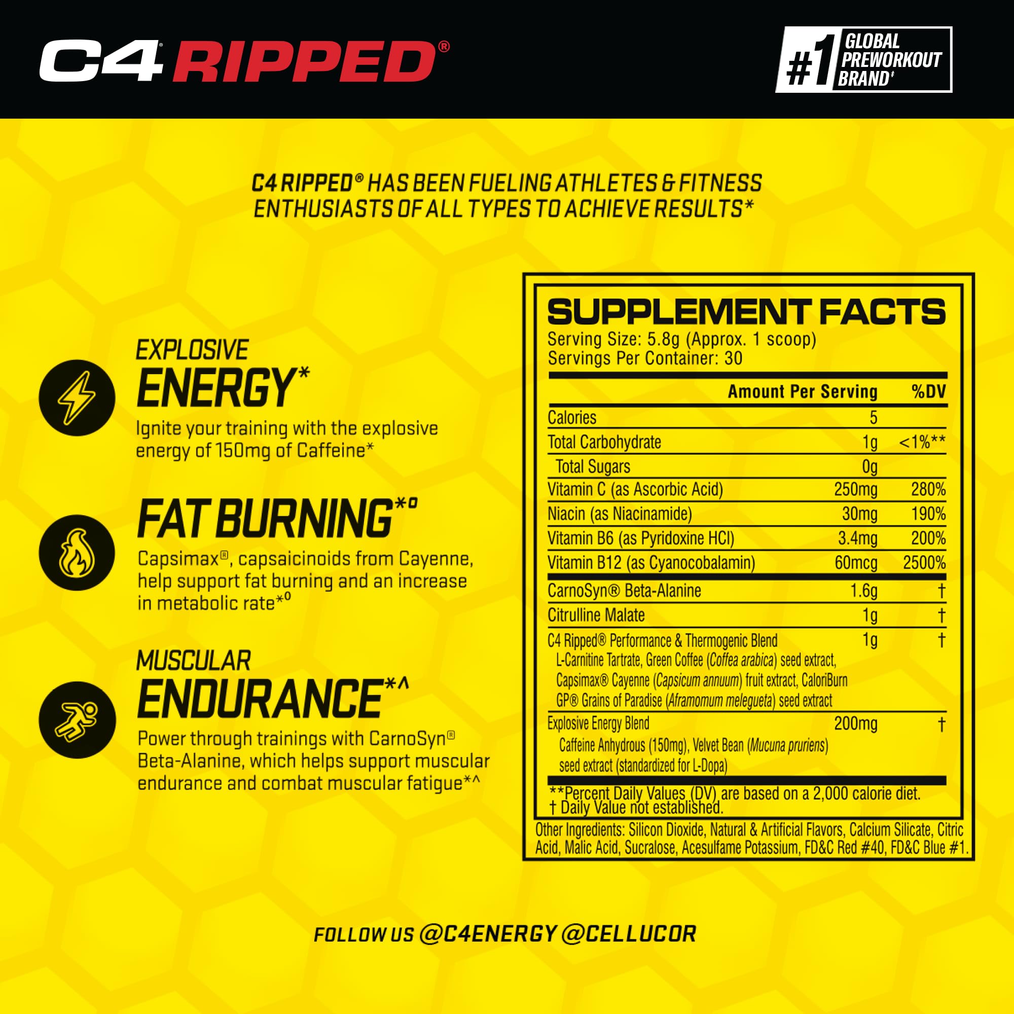 Cellucor C4 Ripped Pre Workout Powder Raspberry Lemonade | Creatine Free + Sugar Free CellucorUS supplements