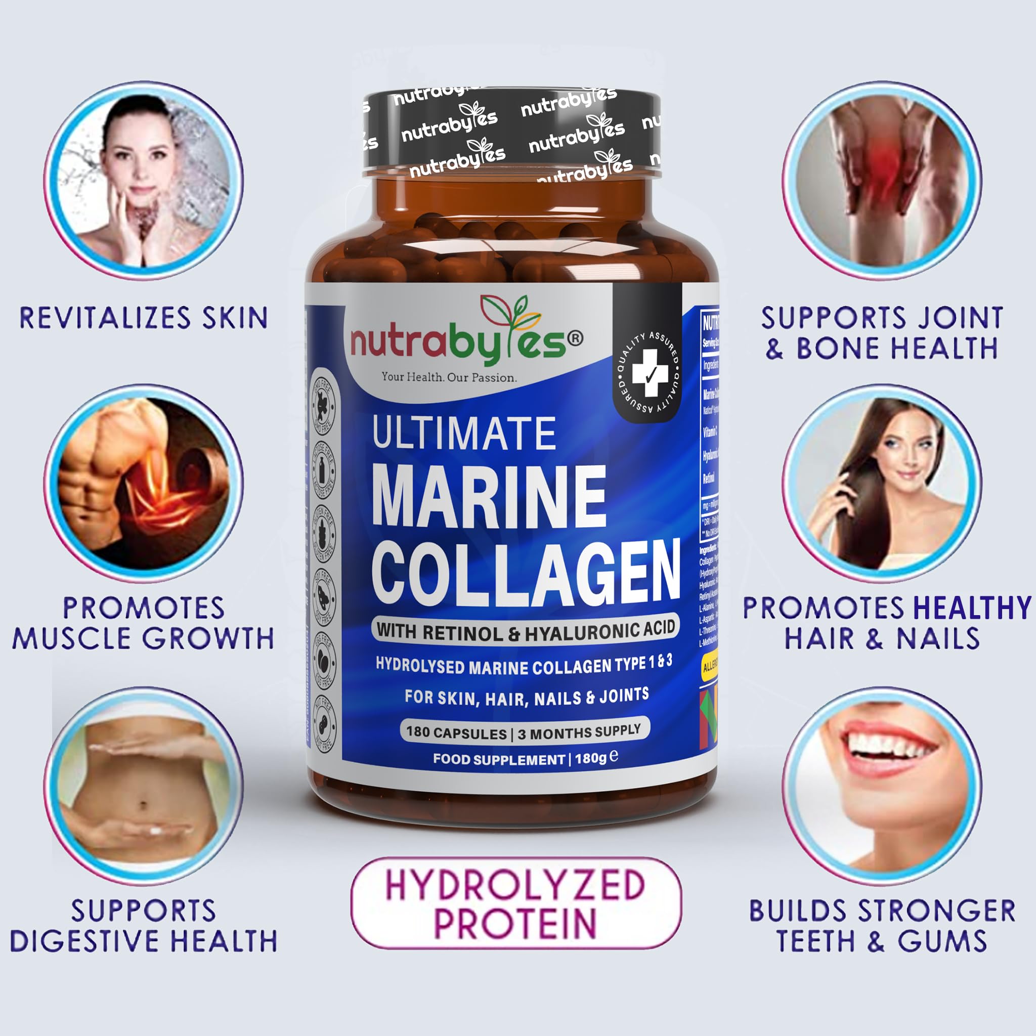 High Strength Marine Collagen with Hyaluronic Acid, Retinol and Vitamin C | 180 Capsules - 3 Months Supply NUTRABYTESAu supplements