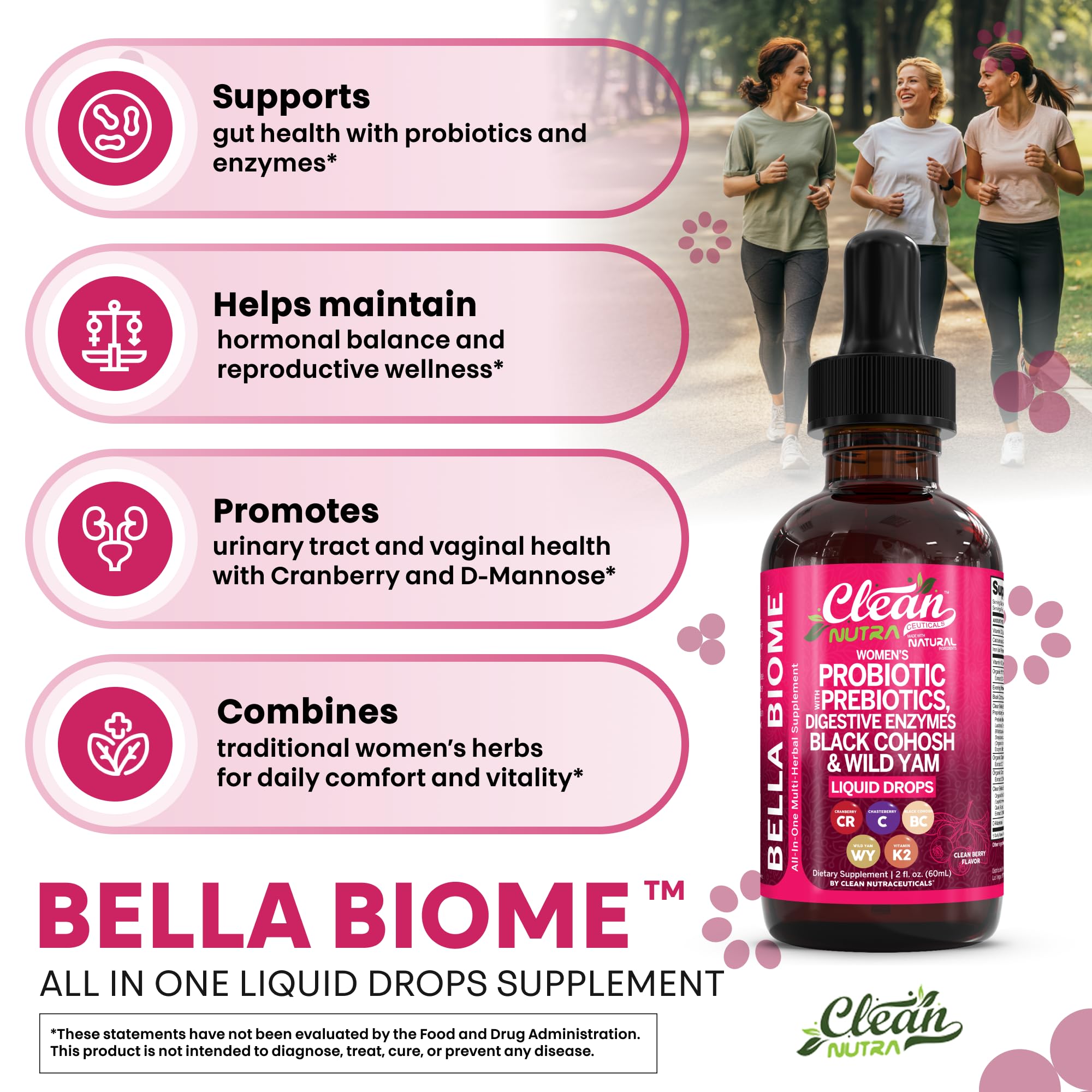 Liquid Probiotics for Women Drops with Chasteberry, Black Cohosh, Prebiotics, Digestive Enzymes, Evening Primrose Oil, Wild Yam, Cranberry Dmannose and Iron Vitamin D3 K2 Clean Nutra Bella Biotics Clean NutraceuticalsAu supplements