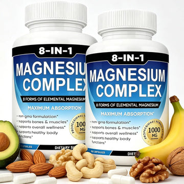 Magnesium Complex Supplement 8 Elemental 1000mg with Glycinate,Citrate for Muscle, Recovery, Stress, Energy, Bone Health, Vegan Non-GMO 180 Capsules, Magnesium Supplement for Women, Men, 2 Bottle caicieterAu supplements